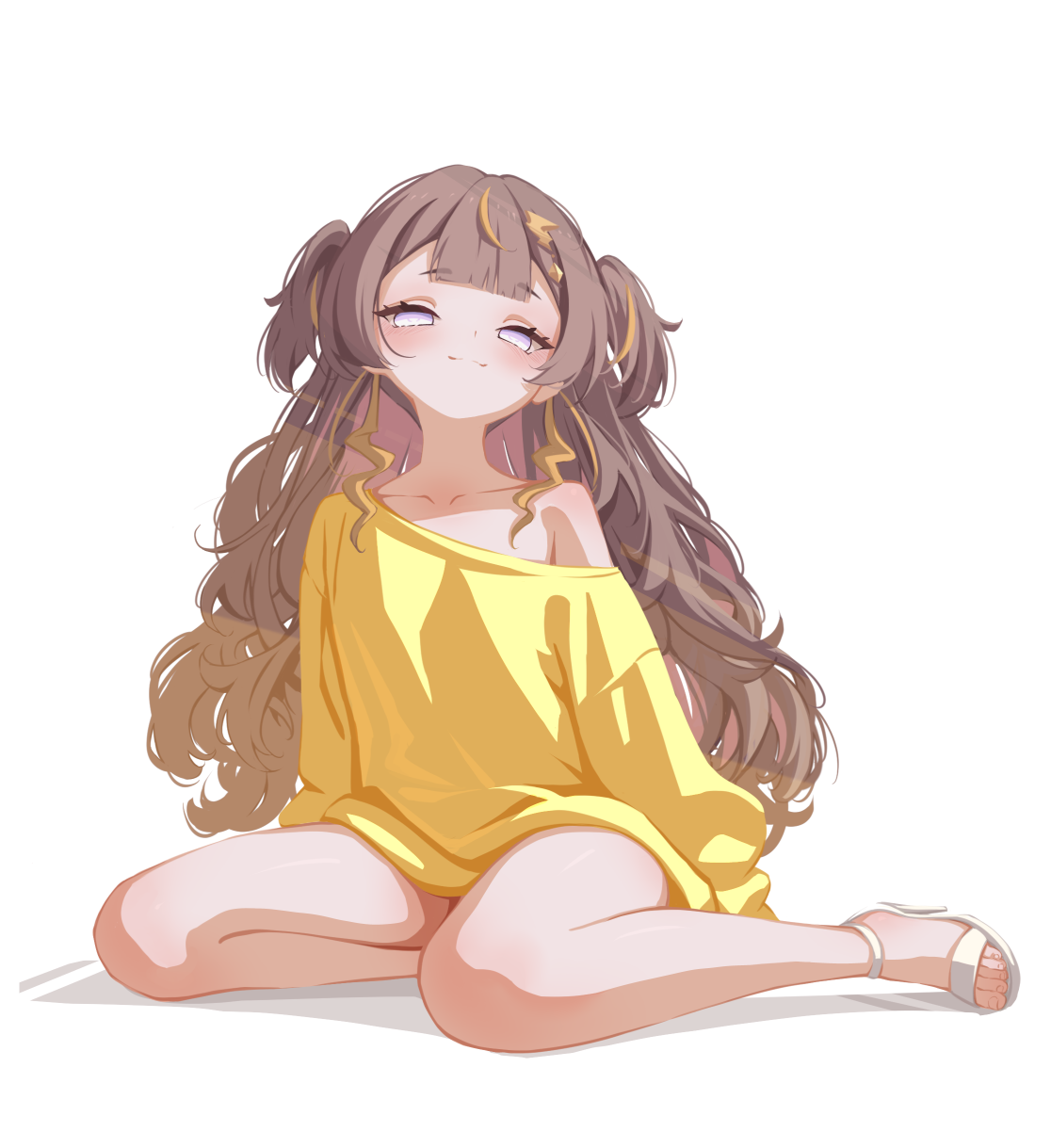 sansha art, anya melfissa, hololive, hololive indonesia, commentary, highres, 1girl, alternate costume, brown hair, full body, long hair, looking at viewer, multicolored hair, off-shoulder sweater, off shoulder, purple eyes, simple background, smile, solo, strappy heels, streaked hair, sweater, toes, two side up, virtual youtuber, white background