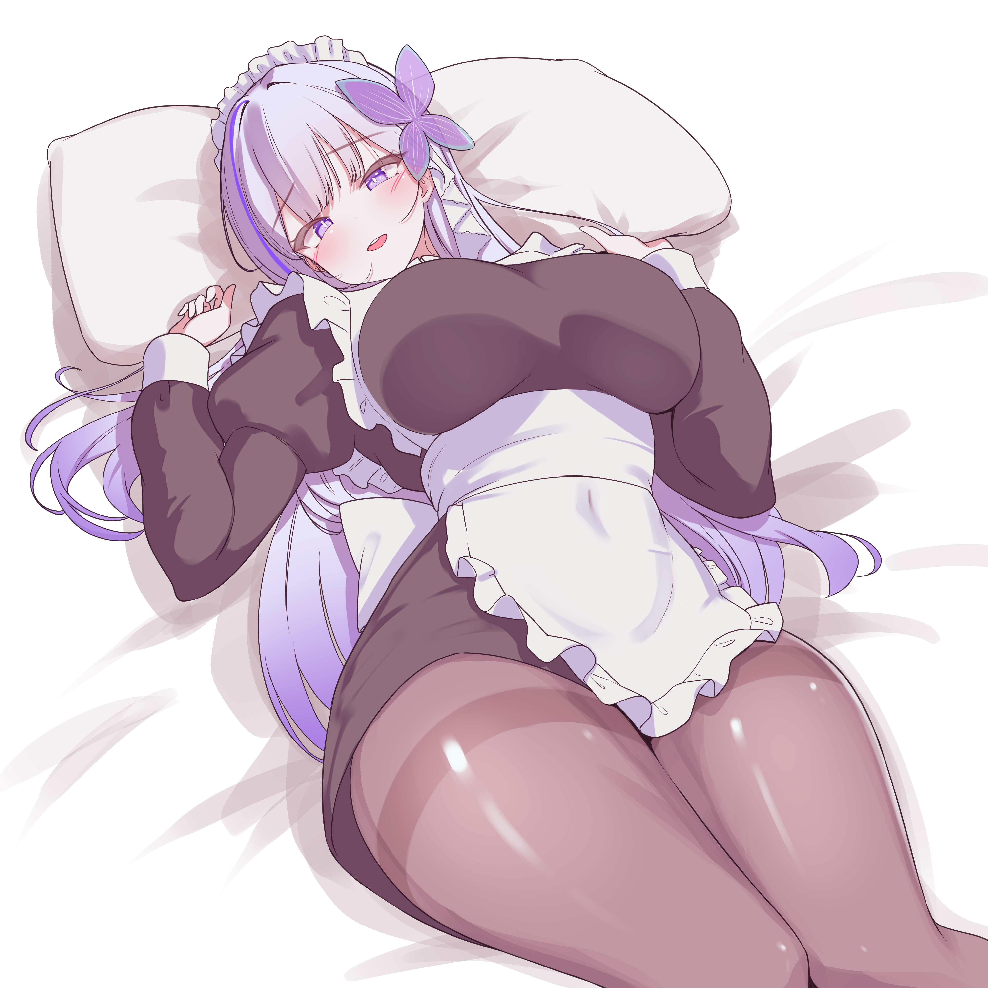 rapid17, mimyo (vtuber), indie virtual youtuber, absurdres, commentary request, highres, 1girl, apron, black dress, blush, breasts, brown pantyhose, butterfly hair ornament, cowboy shot, dress, hair ornament, head on pillow, juliet sleeves, large breasts, long hair, long sleeves, looking at viewer, lying, maid, maid headdress, multicolored hair, on back, open mouth, pantyhose, pillow, puffy sleeves, purple eyes, purple hair, purple streaks, single hair streak, smile, solo, streaked hair, thighband pantyhose, thighs, virtual youtuber, waist apron, white apron