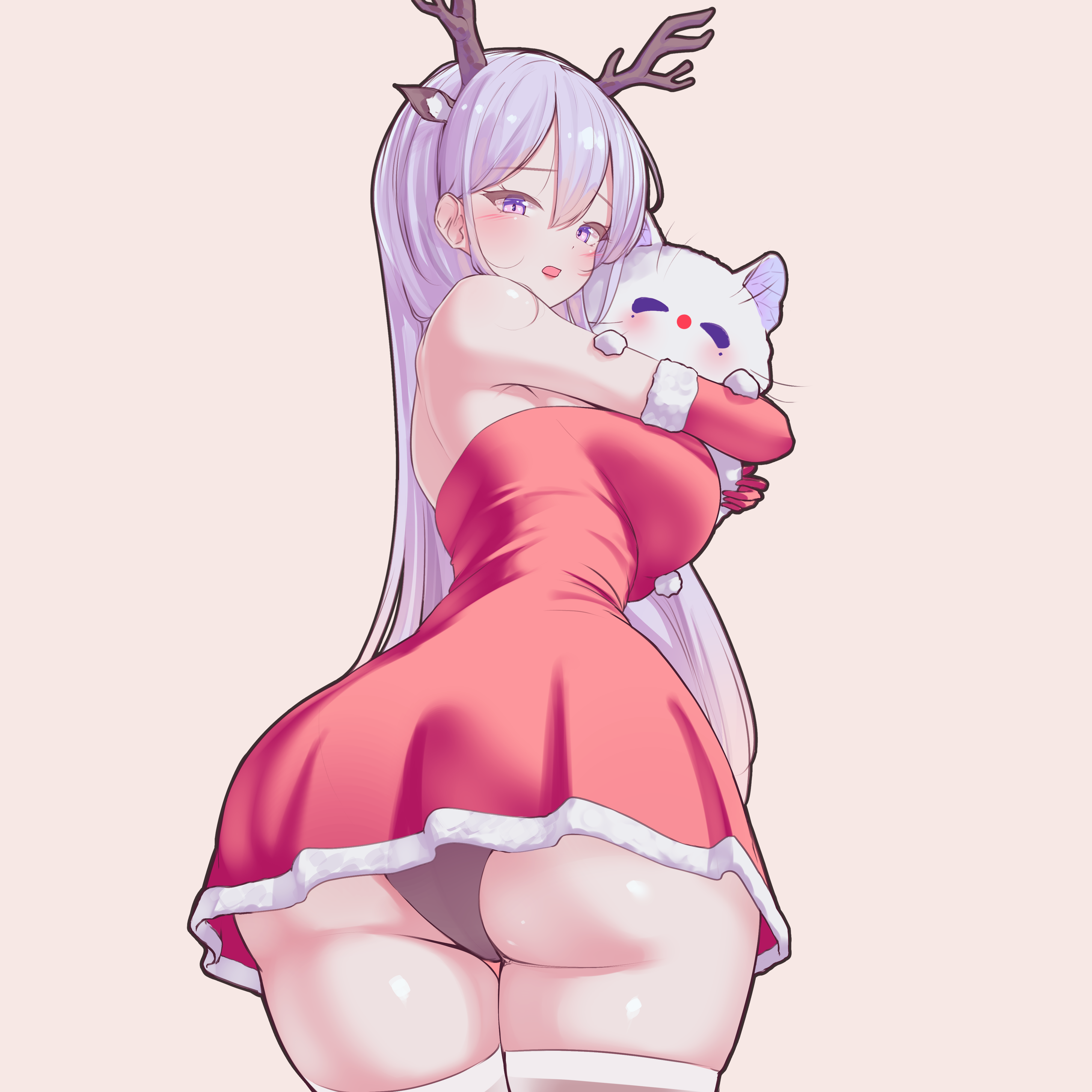rapid17, mimyo (vtuber), indie virtual youtuber, absurdres, commentary request, highres, 1girl, animal, animal ears, animal hug, ass, bare shoulders, black panties, blush, breasts, cat, cowboy shot, deer ears, double-parted bangs, dress, elbow gloves, fake animal ears, fake antlers, from behind, fur-trimmed gloves, fur trim, gloves, hair between eyes, large breasts, long hair, looking at viewer, looking back, open mouth, panties, pink background, purple eyes, purple hair, red dress, red gloves, short dress, simple background, solo, strapless, strapless dress, thighs, underwear, virtual youtuber