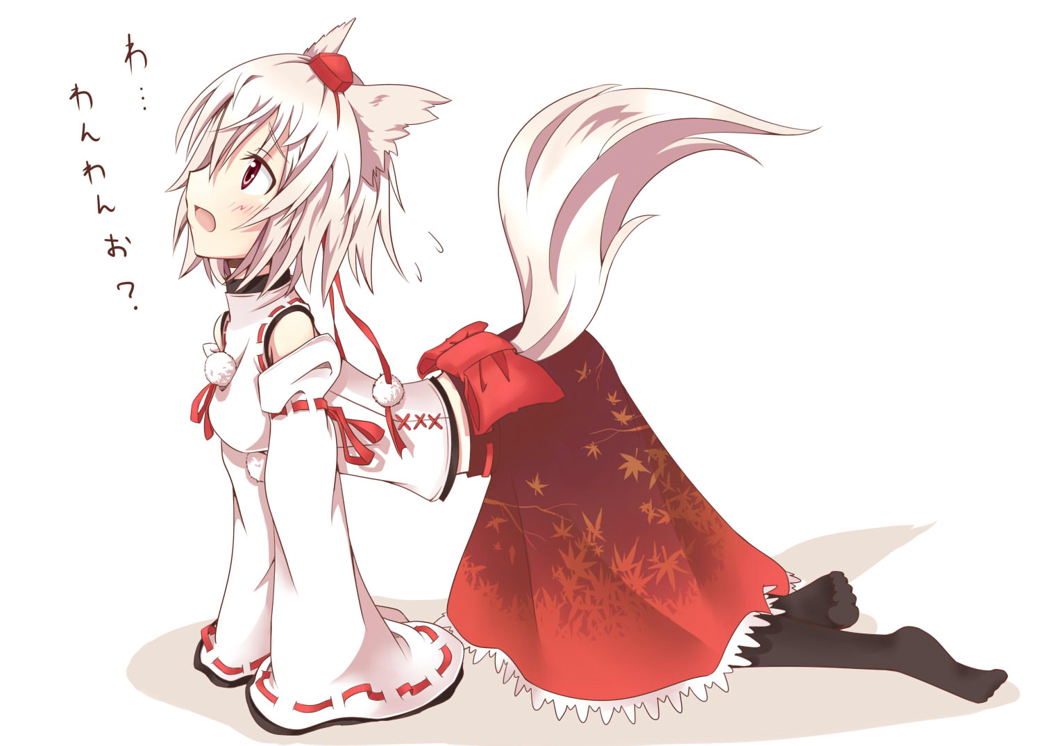 chata maru (irori sabou), inubashiri momiji, touhou, silver hair, bad id, bad pixiv id, 1girl, all fours, animal ears, barking, detached sleeves, female focus, hat, pantyhose, red eyes, short hair, solo, tail, tokin hat, wolf ears, wolf tail