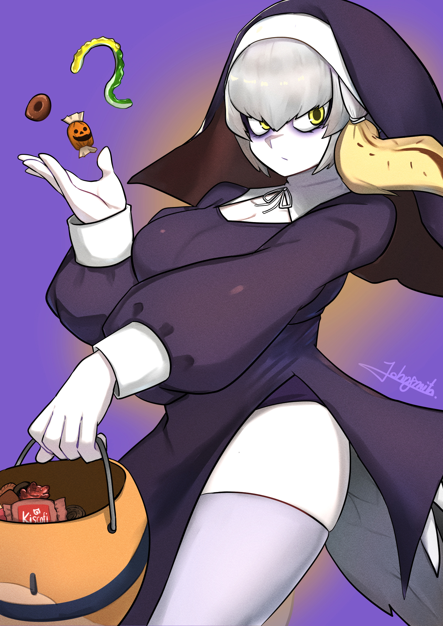john (a2556349), lucky beast (kemono friends), shoebill (kemono friends), kemono friends, commentary request, highres, 1girl, bird girl, bird tail, blonde hair, food, grey hair, halloween, halloween bucket, halloween costume, long hair, looking at viewer, multicolored hair, nun, purple background, simple background, solo, sweets, tail, thighhighs, two-tone hair, yellow eyes