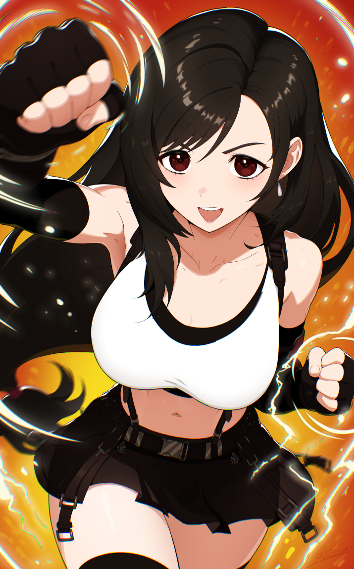 revenantart, tifa lockhart, final fantasy, final fantasy vii, final fantasy vii remake, commentary, commission, english commentary, 1girl, arm up, black hair, black skirt, black thighhighs, breasts, cleavage, clenched hands, collarbone, crop top, earrings, elbow gloves, fingerless gloves, floating hair, gloves, jewelry, large breasts, long hair, low-tied long hair, midriff, miniskirt, navel, orange background, red eyes, skirt, solo, stomach, suspender skirt, suspenders, tank top, thighhighs, thighs, very long hair, white tank top, zettai ryouiki