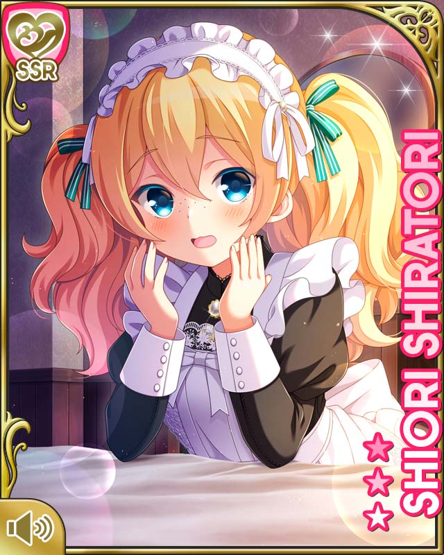 qp:flapper, shiratori shiori, girlfriend (kari), official art, tagme, 1girl, aqua eyes, black dress, blonde hair, blue eyes, blush, cafe, card (medium), character name, cuffs, dress, female focus, hair ribbon, indoors, maid, open mouth, ribbon, solo, standing, surprised, thighhighs, twintails, wavy hair, white thighhighs