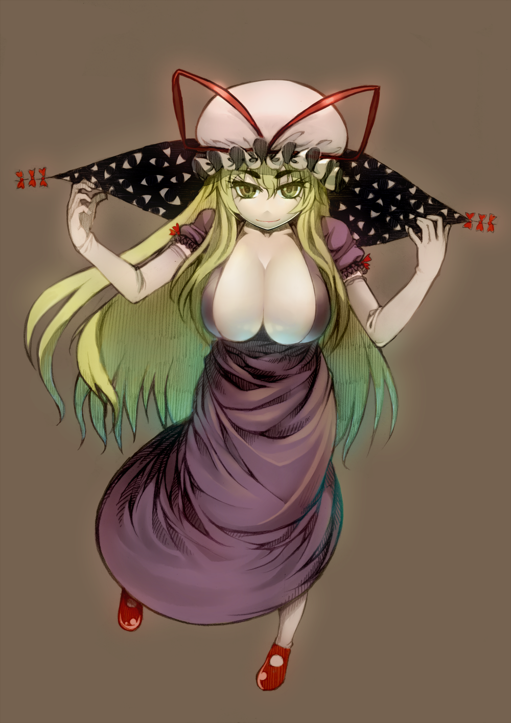 asakawa remon, yakumo yukari, touhou, highres, 1girl, blonde hair, breasts, cleavage, dress, elbow gloves, female focus, full body, gap (touhou), gloves, gradient background, hat, large breasts, long hair, smile, solo, very long hair, yellow eyes