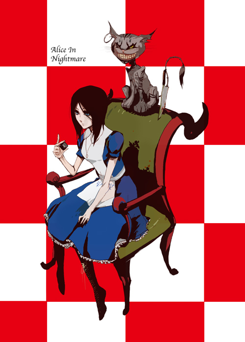 ramarama, alice (alice in wonderland), alice liddell (american mcgee's alice), cheshire cat (alice in wonderland), alice's adventures in wonderland, american mcgee's alice, armchair, chair, green upholstery, knife
