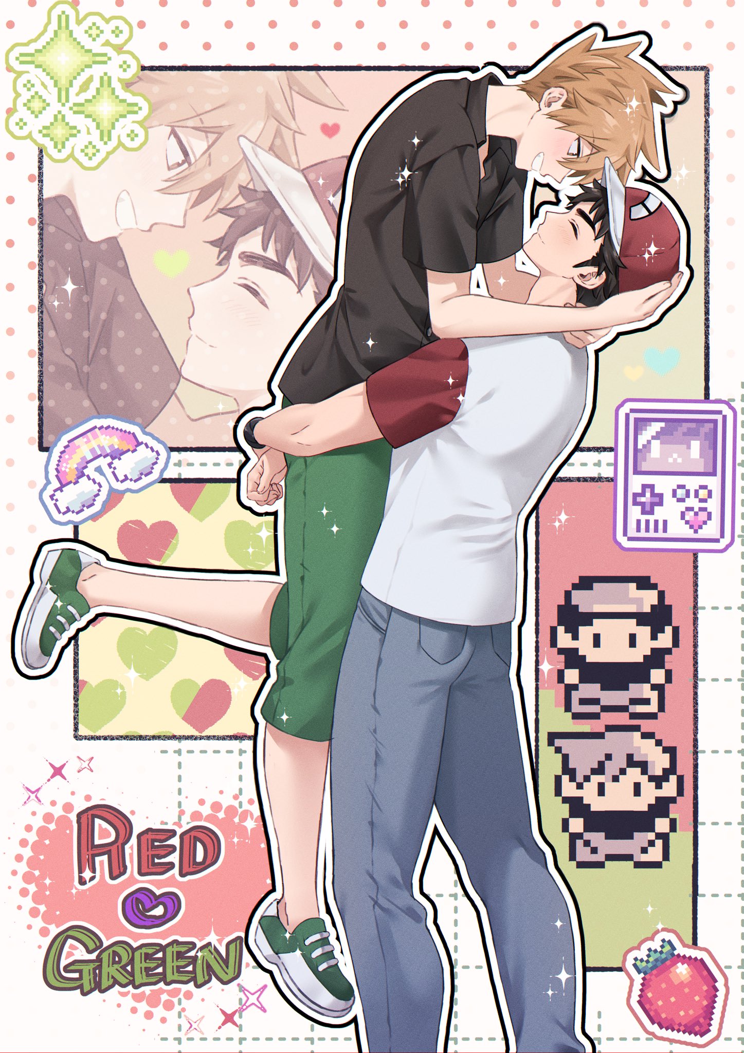 pk rgr96, blue oak, red (pokemon), nintendo, pokemon, pokemon sm, commentary request, highres, 2boys, baseball cap, black hair, black shirt, blue pants, brown eyes, brown hair, character name, closed eyes, denim, game boy, green pants, grin, hand on another's head, handheld game console, hat, heart, jeans, looking at another, male focus, multiple boys, pants, parted bangs, pixel art, red hat, shirt, shoes, short-sleeves, smile, sneakers, sparle, spiked hair, two-tone shirt, wing collar, yaoi