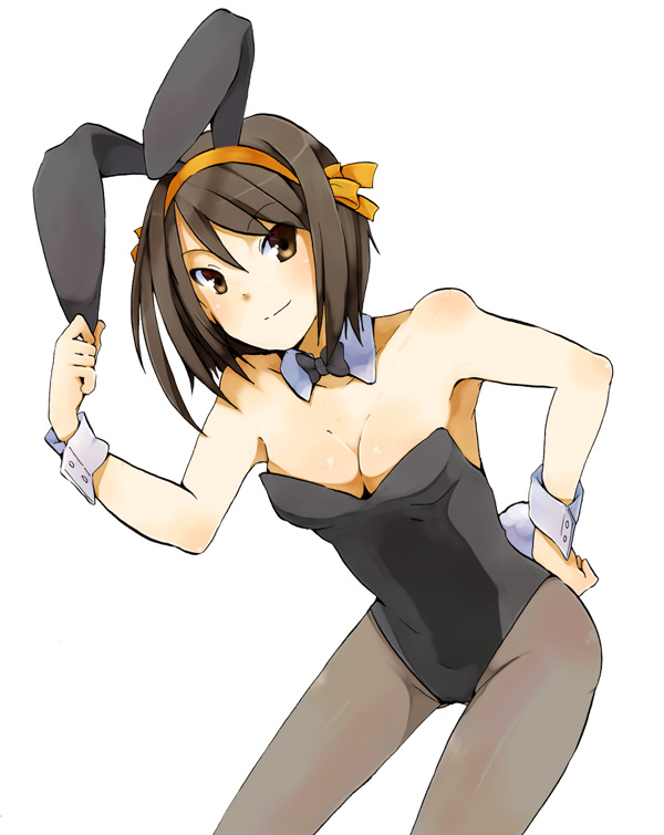 suika-tk, suzumiya haruhi, suzumiya haruhi no yuuutsu, bad id, bad pixiv id, 1girl, animal ears, breasts, brown eyes, brown hair, cleavage, downblouse, fake animal ears, female focus, hair ribbon, leaning forward, pantyhose, playboy bunny, rabbit ears, ribbon, short hair, solo