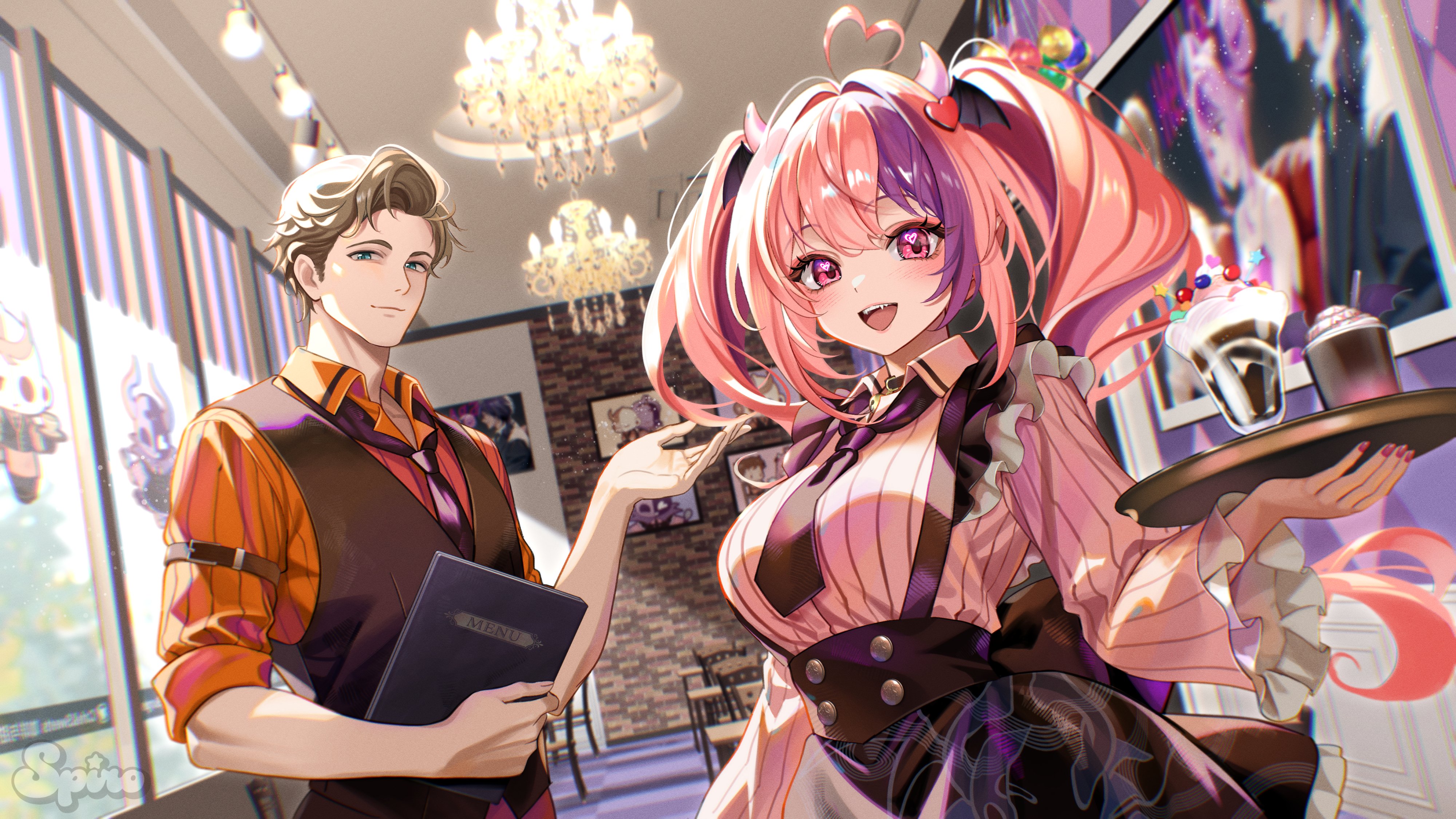 spiro (supirou2052), cdawgva, ironmouse, indie virtual youtuber, absurdres, commentary, english commentary, highres, 1boy, 1girl, ahoge, artist name, black necktie, black skirt, black vest, black wings, blue eyes, brown hair, cafe, chandelier, closed mouth, collared shirt, hair ornament, heart, heart ahoge, heart hair ornament, heart in eye, holding, holding tray, horns, long hair, menu, necktie, open mouth, orange shirt, pink eyes, pink hair, pink nails, purple hair, shirt, short hair, skirt, suspender skirt, suspenders, symbol in eye, teeth, tray, upper teeth only, vest, waiter, waitress, white horns, wings