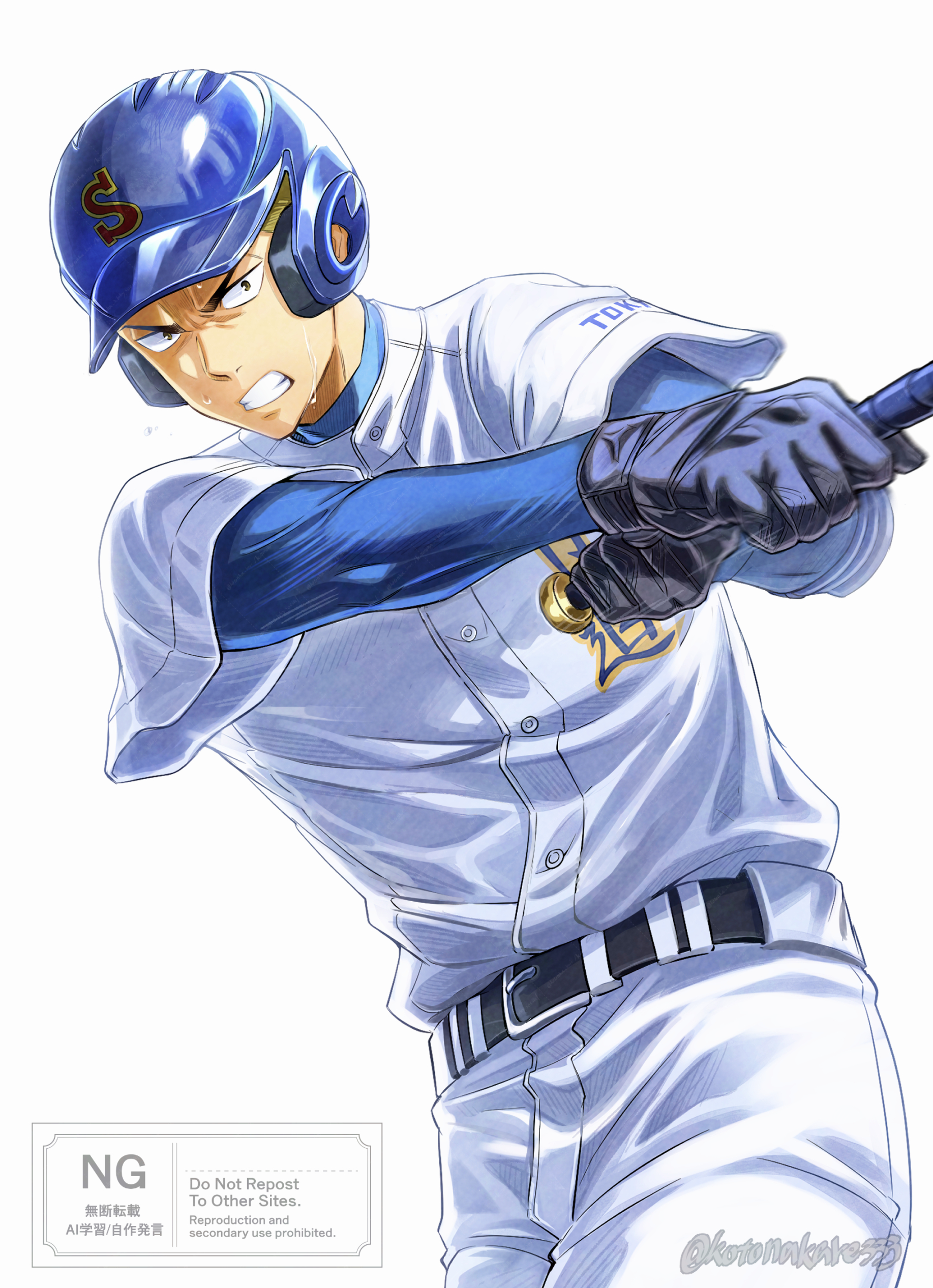 kusatakesi, kanemaru shinji, ace of diamond, absurdres, commentary request, highres, 1boy, baseball, baseball helmet, baseball uniform, belt, black belt, black gloves, gloves, helmet, male focus, pants, shirt, shirt tucked in, short hair, simple background, solo, sportswear, swinging baseball bat, twitter username, watermark, white background, white pants, white shirt