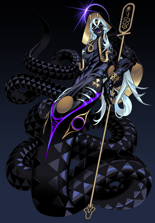 edarow, egyptian mythology, commentary, 1boy, abs, animal, animal hood, apep (mythology), black background, black cape, black dress, black scales, black skin, blue hair, cape, colored sclera, colored skin, colored tongue, dress, fangs, fingernails, full body, gradient background, holding, holding staff, hood, hood up, hooded cape, lamia boy, long hair, looking at viewer, male focus, monster boy, puffy male chest, purple eyes, purple tongue, sharp fingernails, sharp teeth, simple background, snake, snake hood, solo, staff, teeth, toned, toned male, very long hair, yellow sclera