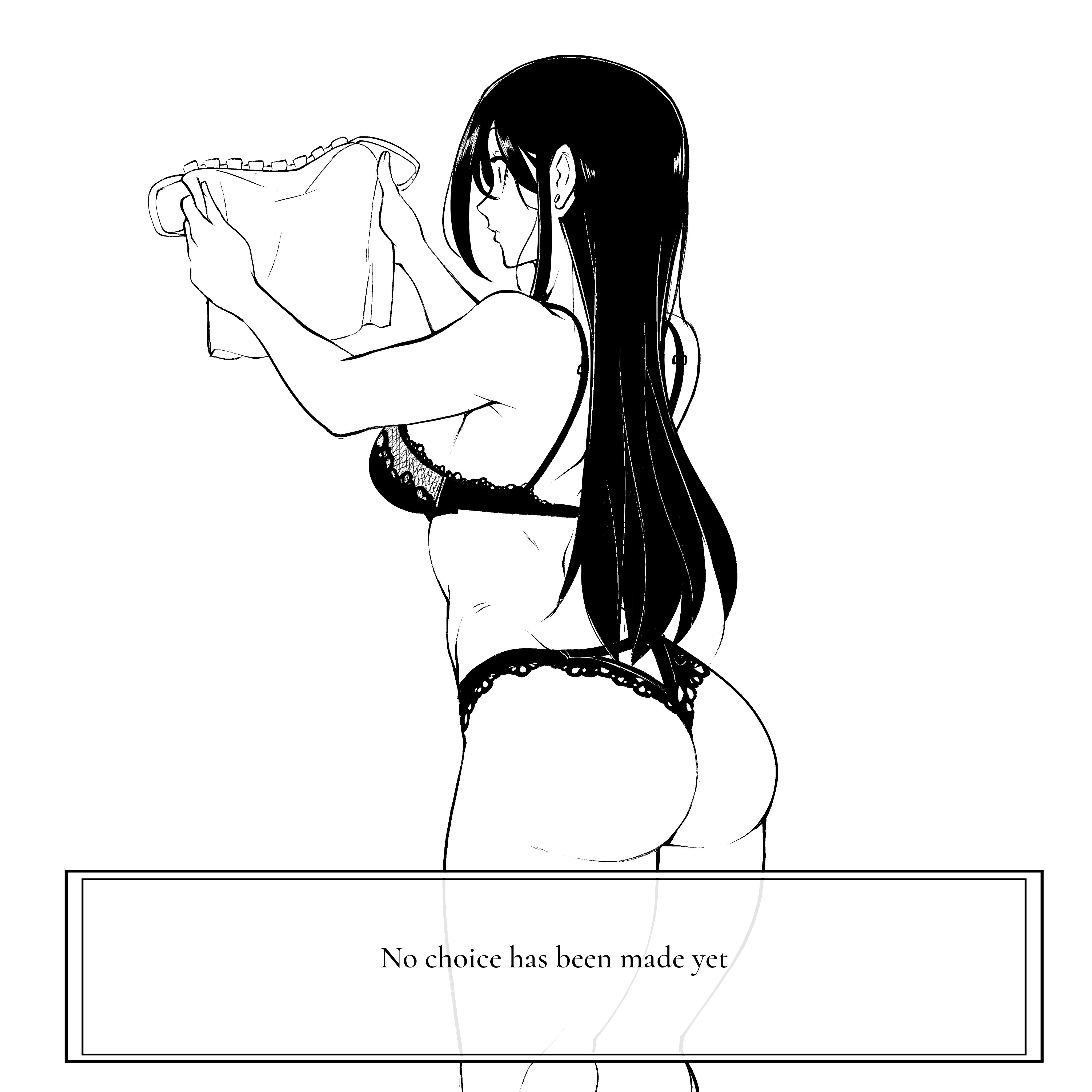 nisego, original, absurdres, highres, 1girl, ass, bra, camisole, cowboy shot, dialogue box, english text, from behind, greyscale, holding, holding unworn clothes, long hair, monochrome, panties, solo, straight hair, underwear, underwear only, unworn camisole