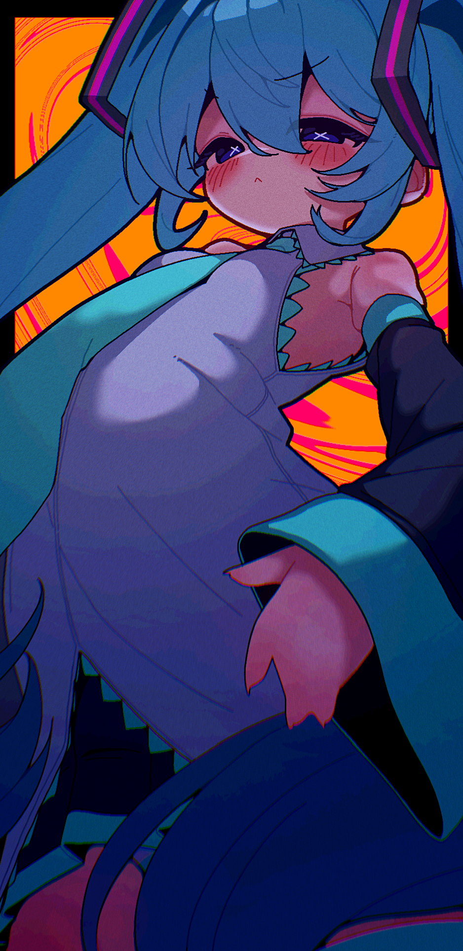 banananosongen, hatsune miku, vocaloid, commentary, highres, 1girl, aqua necktie, bare shoulders, blue hair, blush, detached sleeves, grey shirt, long hair, long sleeves, necktie, shirt, sleeveless, sleeveless shirt, solo, twintails, very long hair