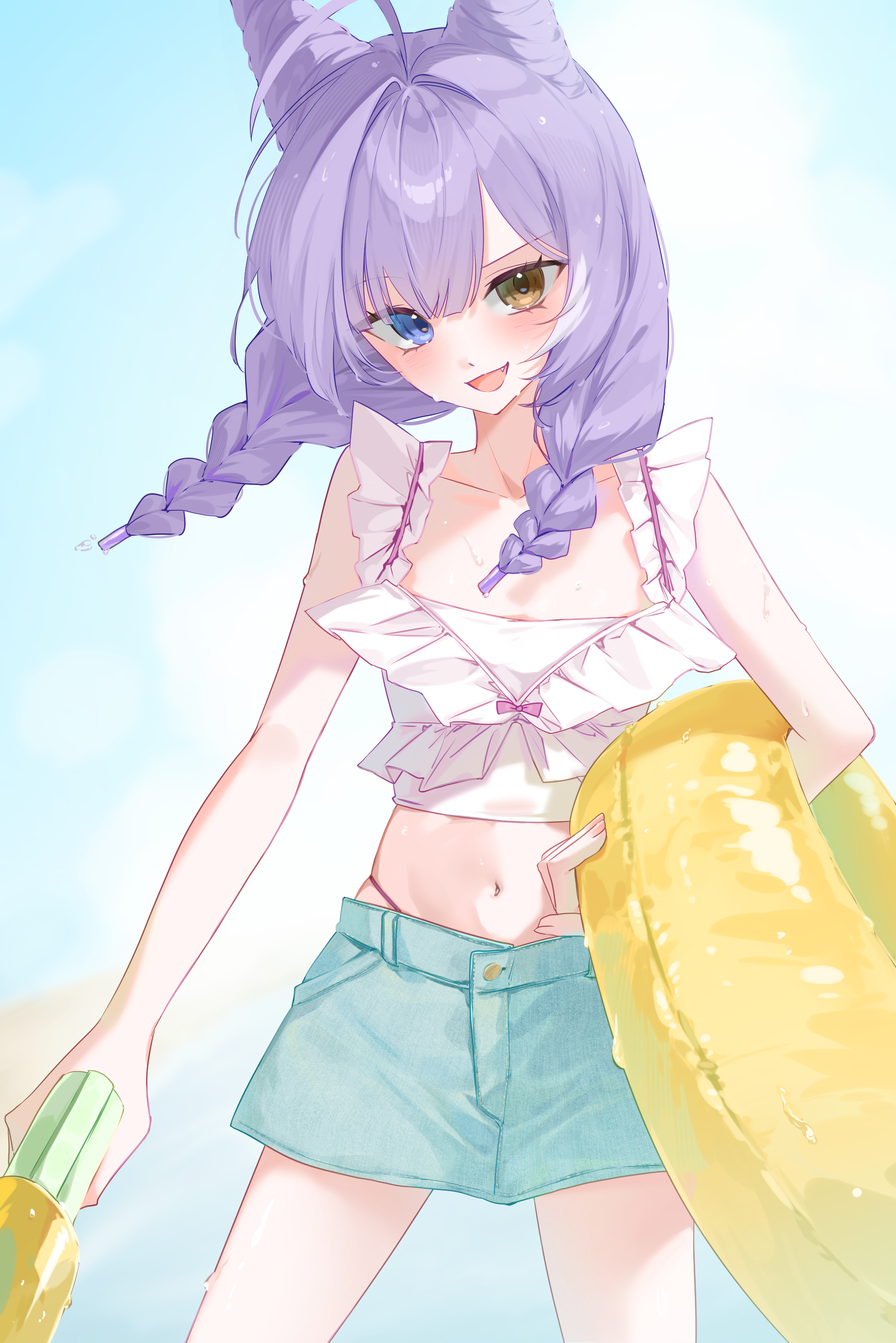 tenko shibuki, stellive, absurdres, hashtag-only commentary, highres, 1girl, ahoge, blue eyes, blush, braid, braided twintails, brown eyes, chacha (chacha0), cone hair bun, cowboy shot, crop top, cropped shirt, denim, denim shorts, double bun, fang, frilled shirt, frills, hair bun, hair intakes, hetero, holding, holding swim ring, holding water gun, innertube, legs apart, long hair, midriff, miniskirt, navel, open mouth, panty straps, parted bangs, purple hair, shirt, shorts, skirt, sleeveless, sleeveless shirt, smile, solo, standing, swim ring, twin braids, virtual youtuber, water gun, white shirt