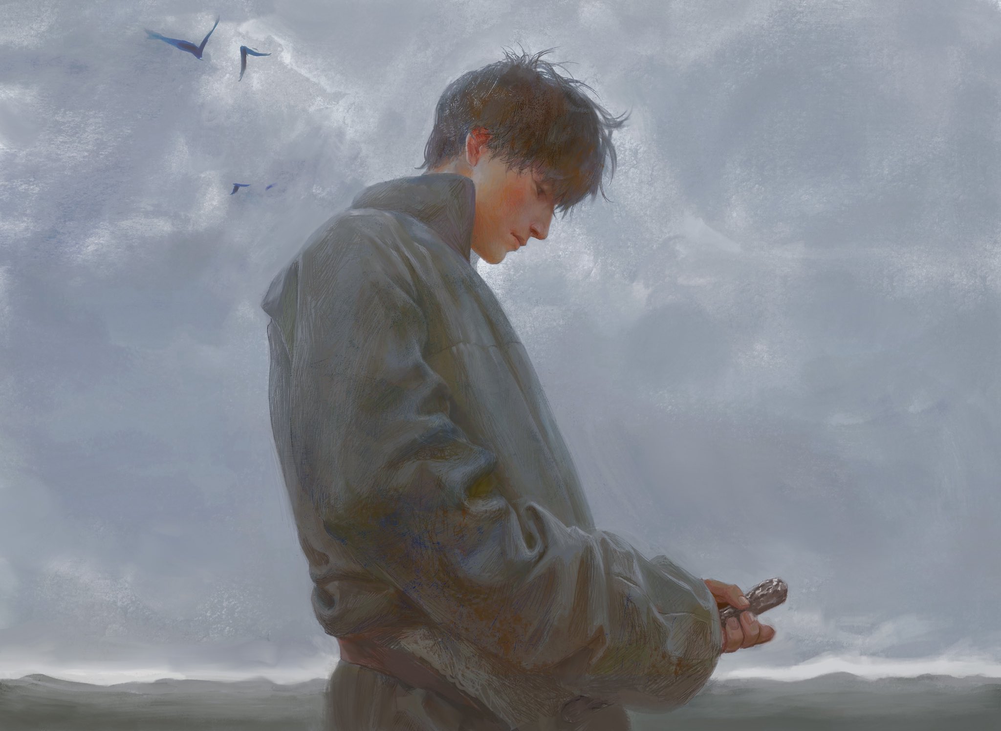fieroo, original, commentary, highres, 1boy, brown hair, closed mouth, fingernails, from side, grey jacket, holding, jacket, lips, male focus, nose, overcast, short hair, simple bird, sky, solo, upper body
