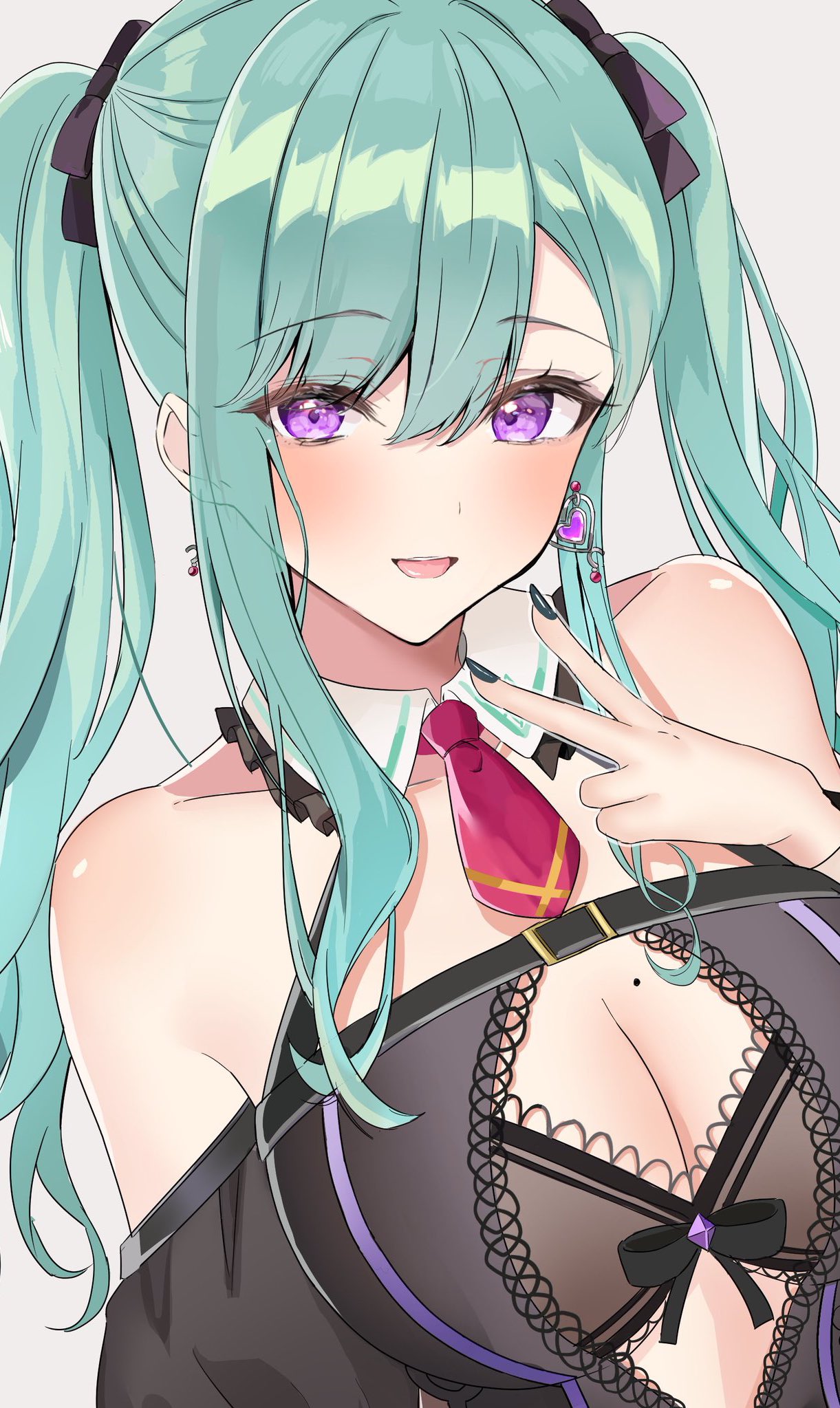 nakano kura, character request, copyright request, highres, 1girl, bare shoulders, black bra, black sleeves, blush, bra, breasts, cleavage, detached sleeves, earrings, green hair, heart, heart earrings, jewelry, large breasts, long hair, mole, mole on breast, purple eyes, simple background, solo, strapless, tongue, twintails, underwear, upper body, white background