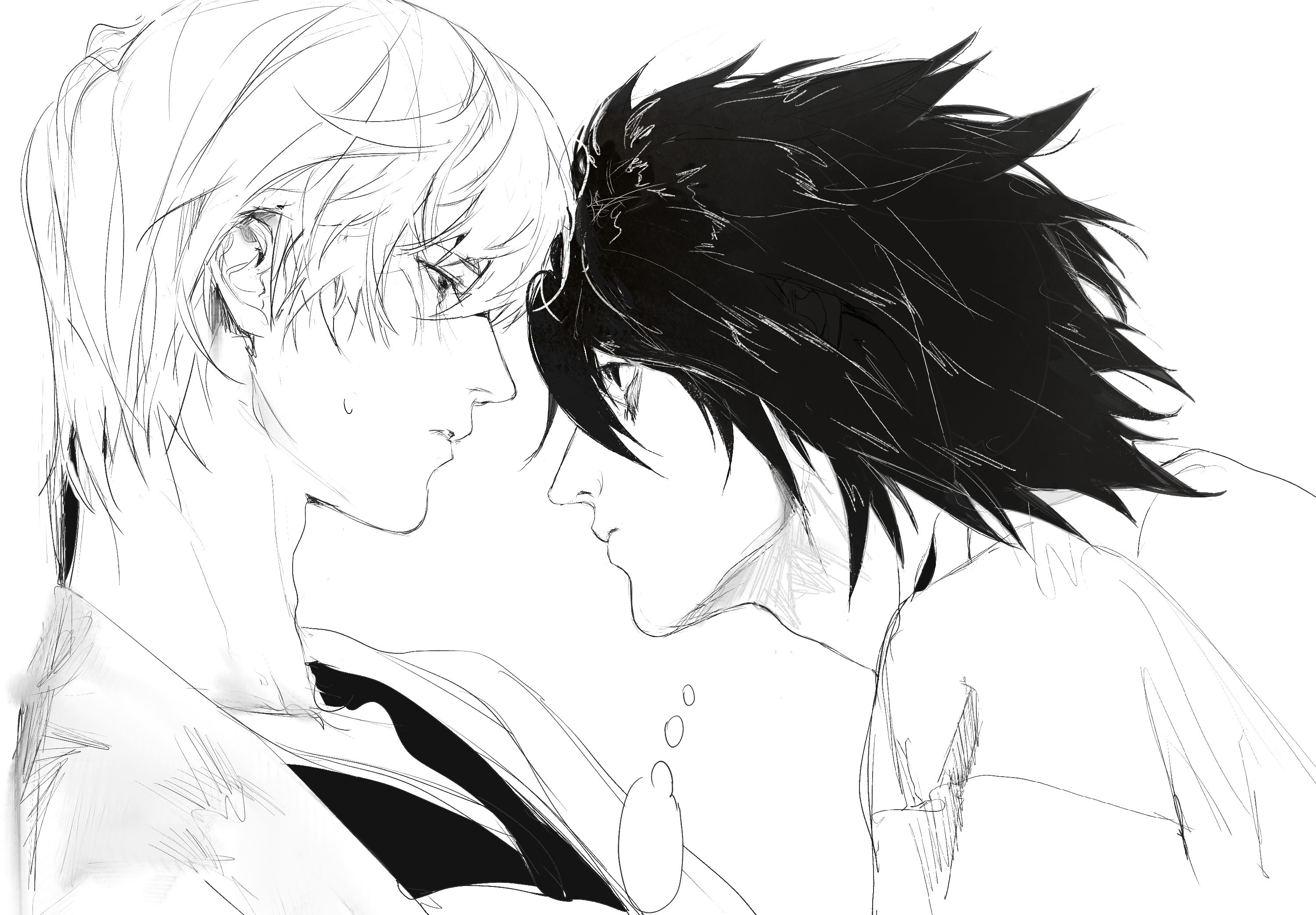 fieroo, l (death note), yagami light, death note, commentary request, highres, 2boys, adam's apple, bags under eyes, blank speech bubble, closed mouth, eye contact, face-to-face, from side, greyscale, lips, looking at another, male focus, monochrome, multiple boys, nose, shirt, short hair, simple background, speech bubble, thought bubble, white background