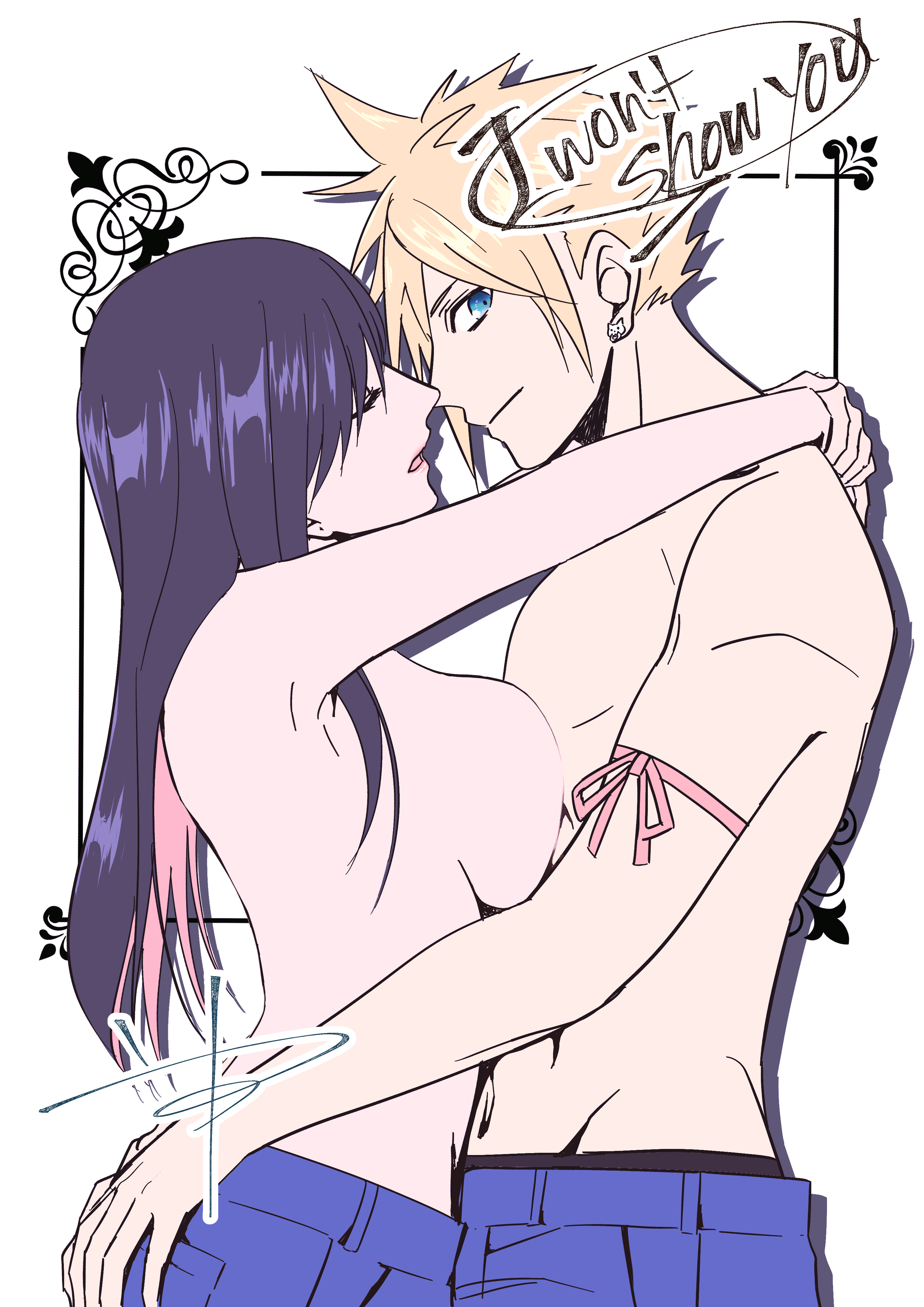 yuu (ct8810), cloud strife, tifa lockhart, final fantasy, final fantasy vii, final fantasy vii: advent children, absurdres, commentary request, highres, 1boy, 1girl, arm ribbon, arms around neck, black hair, blonde hair, blue eyes, breast press, breasts, closed mouth, couple, denim, earrings, english text, face-to-face, from side, hands on another's ass, hetero, hug, imminent kiss, jeans, jewelry, large breasts, long hair, looking at viewer, pants, parted lips, profile, red ribbon, ribbon, short hair, signature, spiked hair, stomach, stud earrings, topless female, topless male, upper body