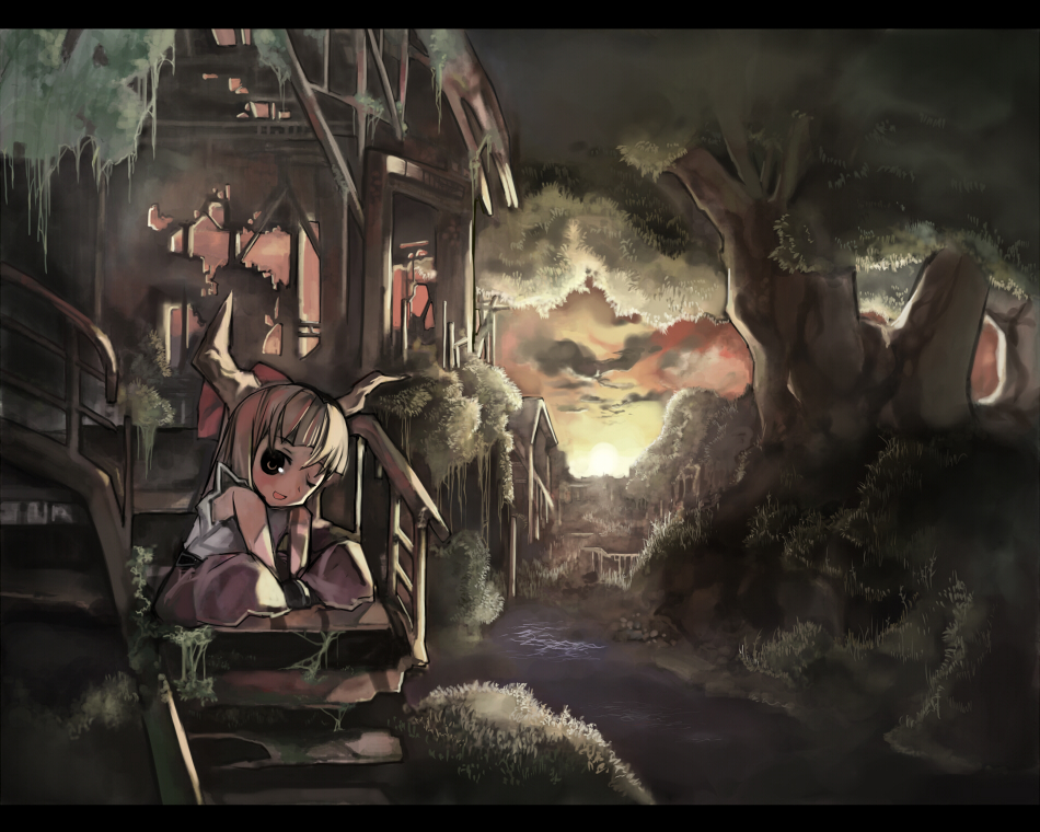 cusui, ibuki suika, touhou, bad id, bad pixiv id, 1girl, blonde hair, bow, female focus, horns, letterboxed, long hair, nature, one eye closed, oni, outdoors, ruins, sky, smile, solo, stream, sunset, wink