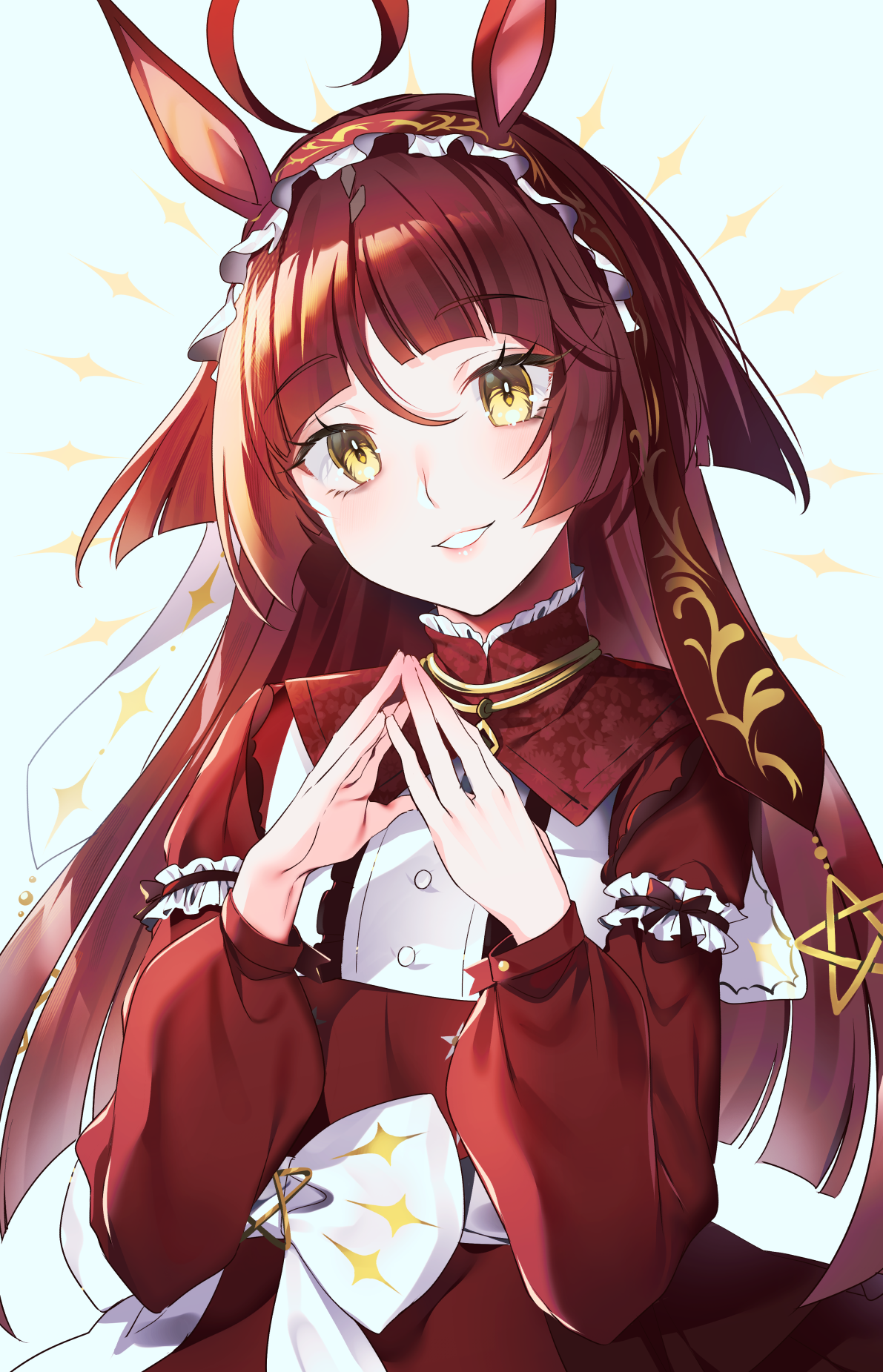 metaninjin, red desire (umamusume), umamusume, commentary request, highres, 1girl, ahoge, animal ears, blunt bangs, blunt ends, blunt sidelocks, blush, bow, brown headdress, dress, frilled hairband, frills, hair between eyes, hairband, horse ears, horse girl, layered hair, long hair, long sleeves, looking at viewer, open mouth, red dress, red hair, red hairband, red headdress, red veil, sidelocks, smile, solo, star ornament, veil, white bow, yellow eyes