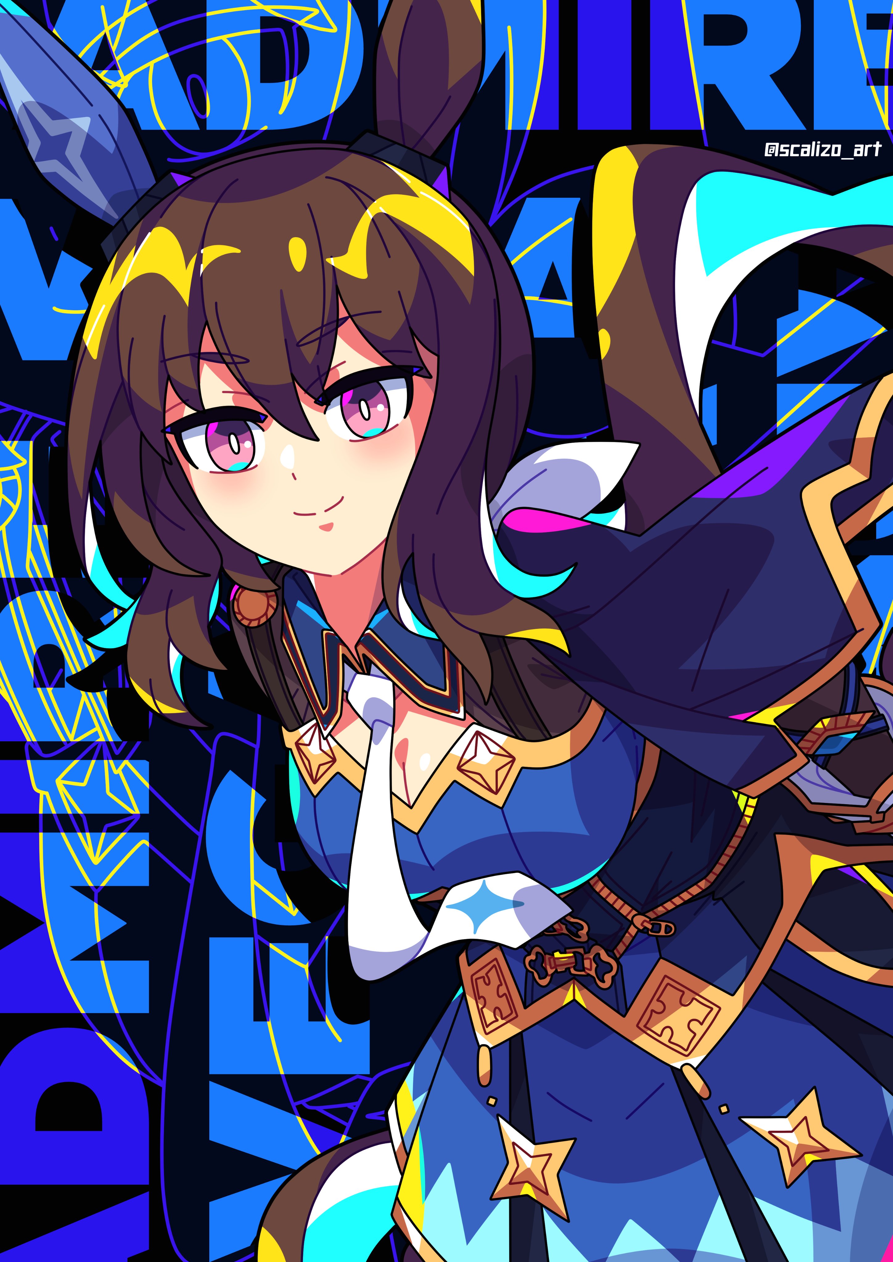 scalizo, admire vega (starry nocturne) (umamusume), admire vega (umamusume), umamusume, absurdres, commentary, english commentary, highres, 1girl, animal ears, blue capelet, blue dress, blush, breasts, brown hair, capelet, character name, cleavage, closed mouth, dress, ear covers, hair between eyes, horse ears, horse girl, horse tail, long hair, long sleeves, looking at viewer, medium breasts, necktie, ponytail, purple eyes, single ear cover, smile, solo, tail, white necktie