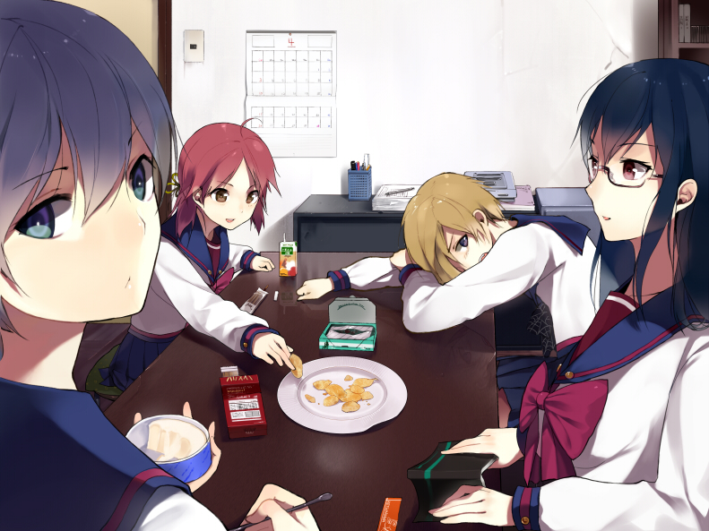 sasamori tomoe, original, bad id, bad pixiv id, 4girls, blue hair, calendar, calendar (object), eating, food, glasses, hair over one eye, long hair, multiple girls, pocky, school uniform, short hair, table
