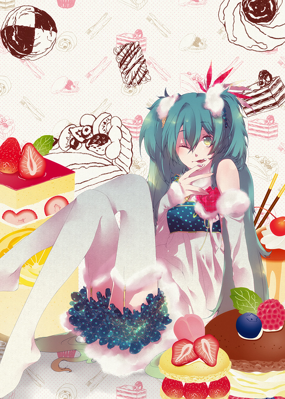 mirunai, hatsune miku, vocaloid, bad id, bad pixiv id, 1girl, ;q, aqua eyes, aqua hair, cake, cream, crossed legs, female focus, food, fruit, garter straps, legs, long hair, macaron, one eye closed, pastry, sitting, skirt, smile, solo, strawberry, thighhighs, tongue, tongue out, twintails, very long hair, wink, zettai ryouiki