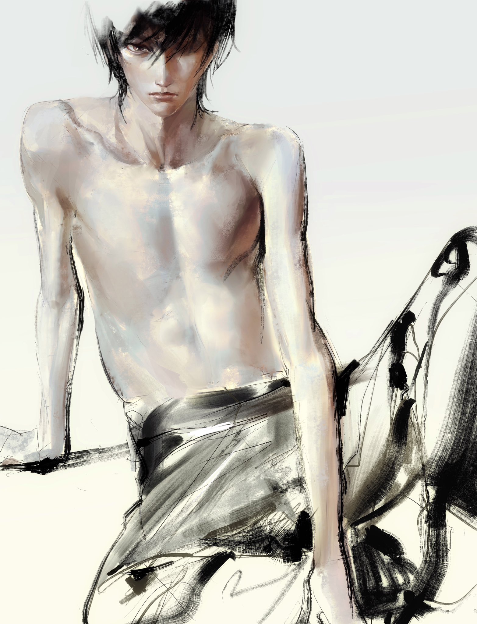 fieroo, lelouch vi britannia, code geass, highres, 1boy, black hair, black pants, closed mouth, collarbone, expressionless, hand rest, lips, male focus, no nipples, nose, pants, short hair, sitting, skinny, solo, topless male