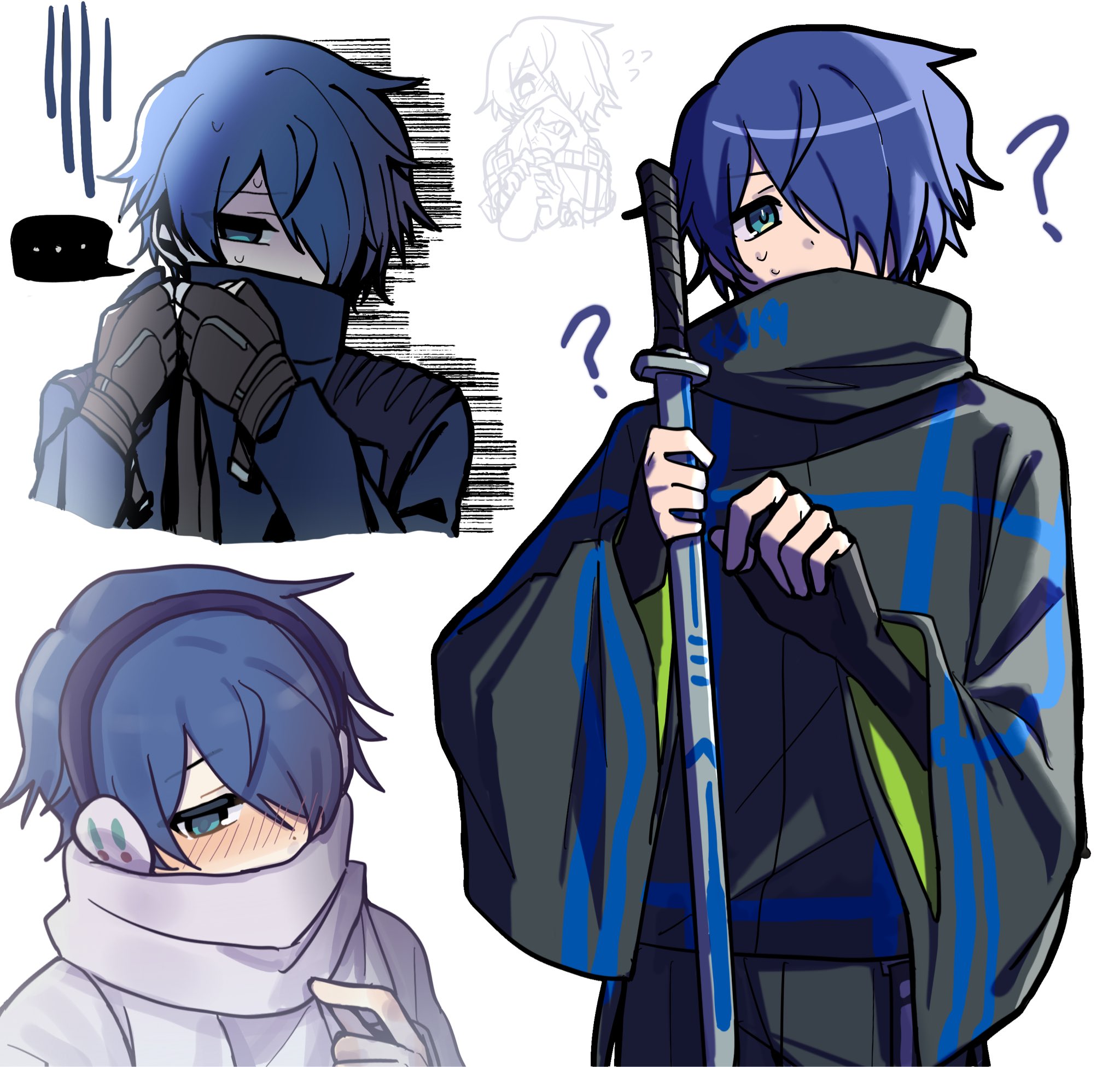 sakurai haruka (milgram), milgram, highres, …, 1boy, ?, adjusting clothes, alternate costume, aqua eyes, black gloves, black jacket, black pants, blue hair, cowboy shot, earmuffs, fingerless gloves, gloves, hair over one eye, hand up, hands up, holding, holding sword, holding weapon, jacket, long sleeves, male focus, multiple views, ninja, pants, scarf, simple background, spoken ellipsis, sweatdrop, sword, tanuki24036, weapon, white background, white jacket, white scarf, wide sleeves