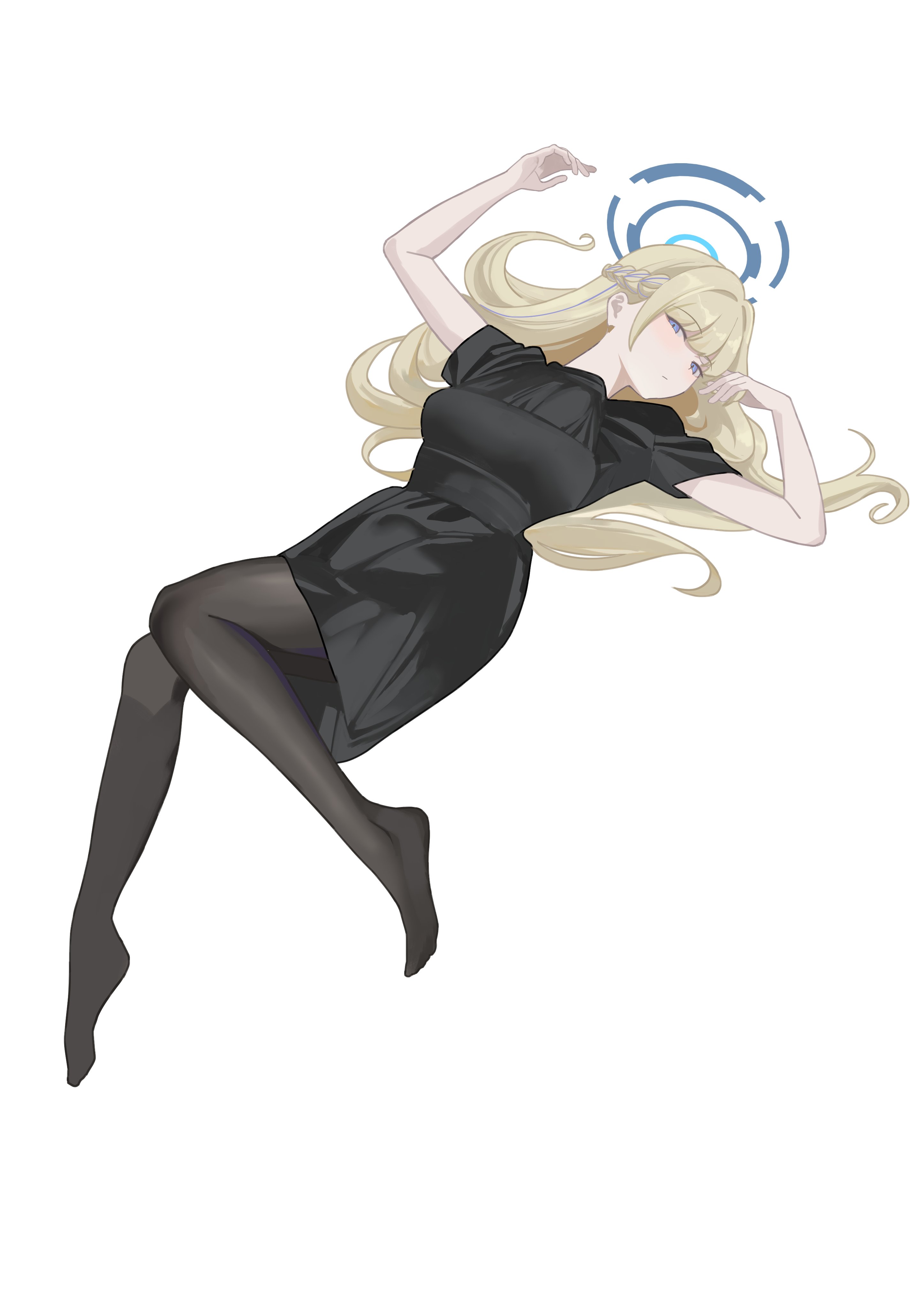 tnr (horiko1525), toki (blue archive), blue archive, absurdres, highres, 1girl, black dress, black pantyhose, blonde hair, blue eyes, blue halo, blue streaks, blush, braid, breasts, dress, feet, halo, large breasts, legs, long hair, looking at viewer, lying, on back, pantyhose, short sleeves, simple background, solo, toes, white background