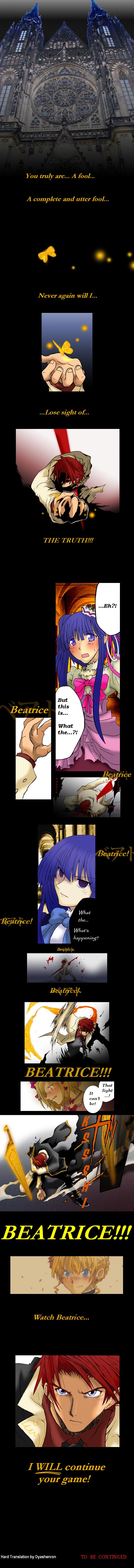 beatrice (umineko), frederica bernkastel, furudo erika, lambdadelta, ushiromiya battler, umineko no naku koro ni, absurdres, hard-translated, highres, long image, spoilers, tall image, third-party edit, translated, 1boy, 4girls, bug, butterfly, epic, manly, multiple girls, sword, weapon