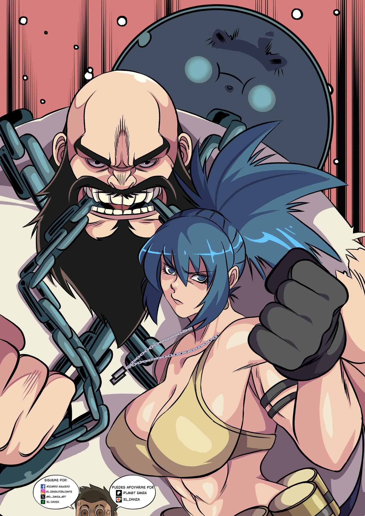 chang koehan, leona heidern, the king of fighters, highres, 1girl, arm pouch, bald, ball and chain (weapon), ball and chain restraint, bare shoulders, beard, biceps, black gloves, blue eyes, blue hair, breasts, cleavage, crop top, dog tags, dougi, earrings, el zanza art, facial hair, gloves, jewelry, large breasts, long hair, looking at viewer, metal ball, midriff, muscular, muscular female, navel, ponytail, soldier, tank top, triangle earrings, weapon, yellow tank top