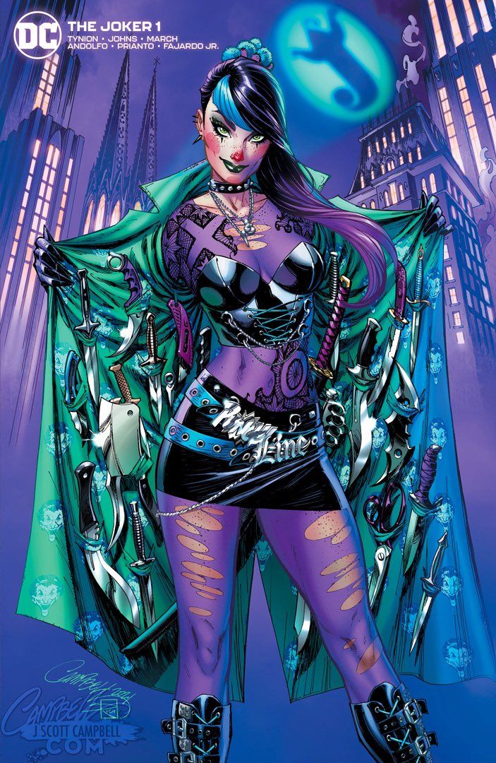 j. scott campbell, punchline (dc), batman (series), dc comics, 1girl, batarang, black gloves, black hair, blush stickers, choker, cityscape, dress, ear piercing, gloves, green eyes, jacket, jewelry, knife, looking at viewer, multicolored hair, multiple weapons, necklace, open clothes, open jacket, piercing, skirt, sword, torn clothes, weapon