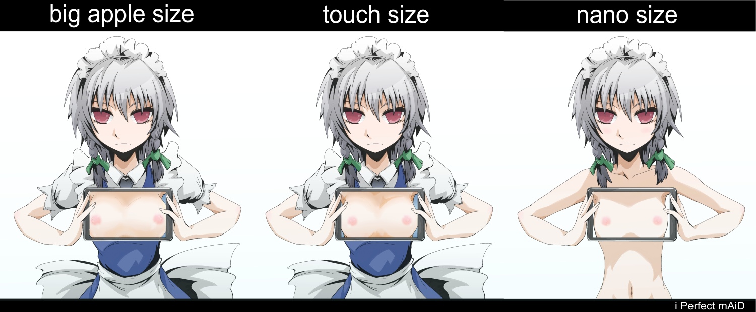 kurogane (scrapsteel), izayoi sakuya, apple inc., embodiment of scarlet devil, touhou, silver hair, long image, wide image, 1girl, braid, breasts, comparison, female focus, flat chest, gradient background, ipad, maid, medium breasts, multiple views, nude, red eyes, small breasts, tablet pc, twin braids, upper body, white background, x-ray, x-ray vision