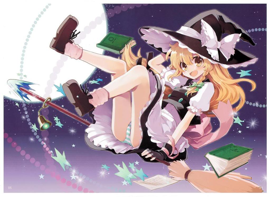 chiba sadoru, sencha, kirisame marisa, touhou, jpeg artifacts, 1girl, :d, arm behind head, bare legs, blonde hair, book, braid, broom, broom riding, buttons, dress, female focus, fingerless gloves, full moon, gloves, hair ribbon, hand on headwear, happy, hat, legs up, moon, night, open mouth, panties, pantyshot, ribbon, shoes, side braid, sky, smile, socks, solo, star (symbol), striped clothes, striped panties, underwear, witch, witch hat
