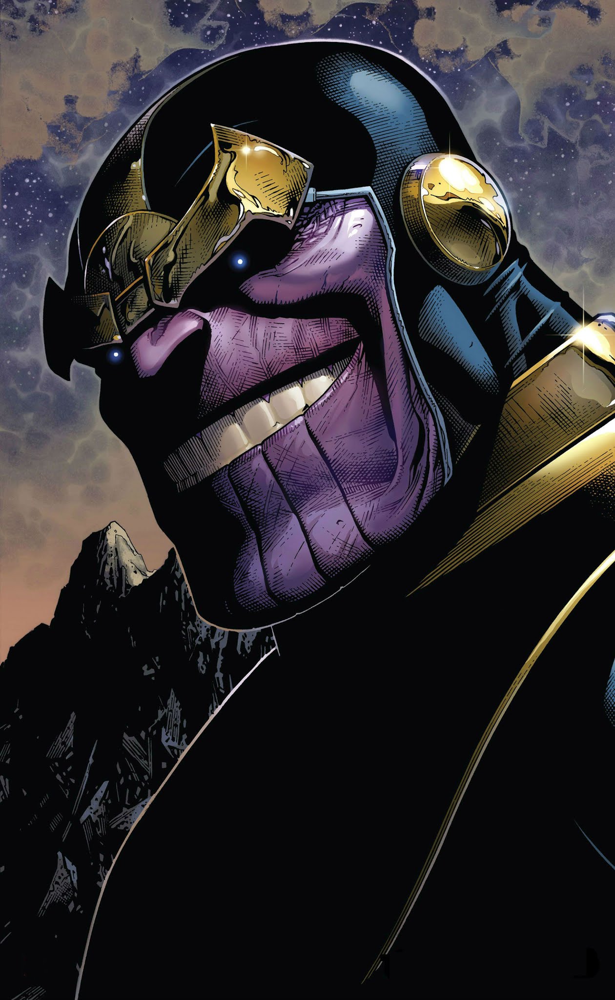 thanos, avengers (series), marvel, commentary, english commentary, highres, official art, third-party source, 1boy, alien, blue eyes, blue helmet, blue sky, colored skin, crosshatching, dark, glowing, glowing eyes, gold trim, gradient sky, grin, hatching (texture), helmet, jim cheung, looking at viewer, male focus, orange sky, portrait, purple skin, sky, smile, solo, western comics (style)