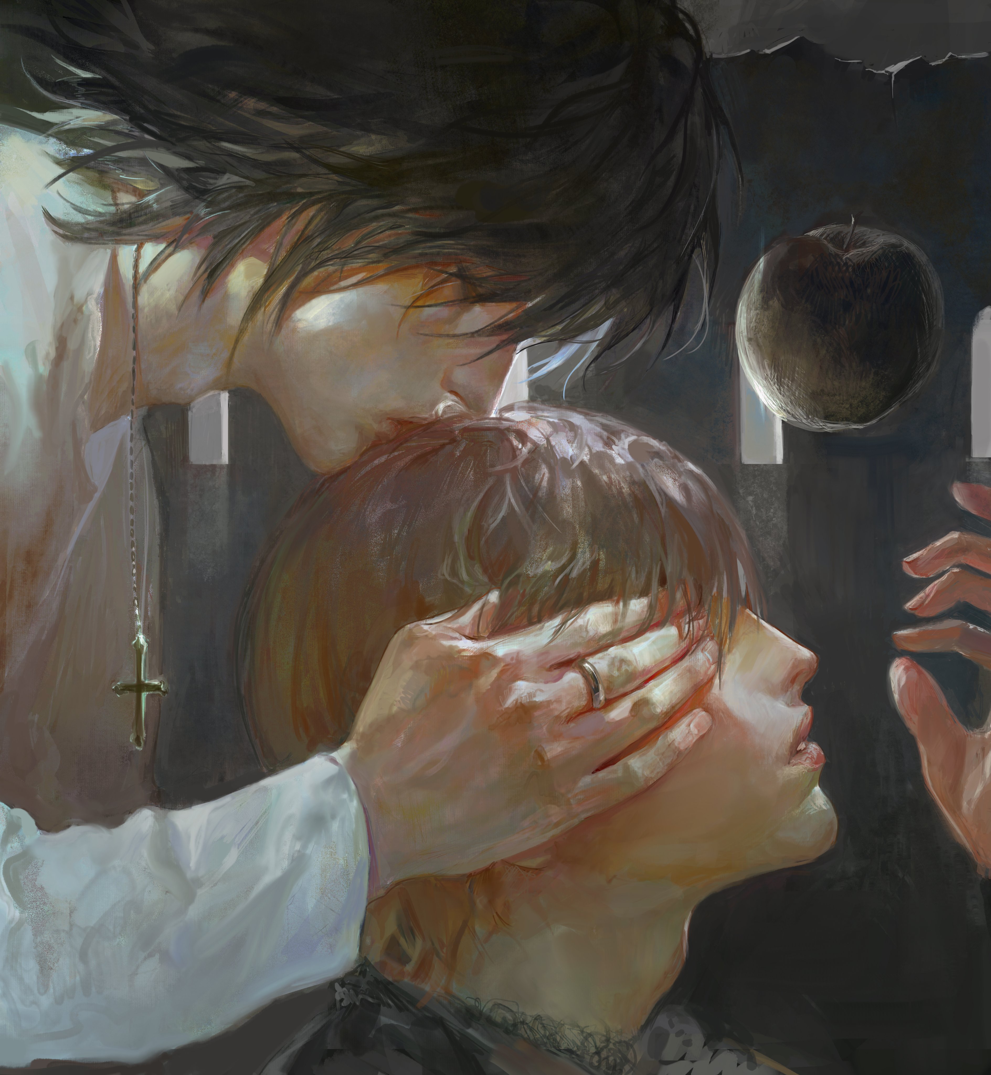 fieroo, l (death note), yagami light, death note, absurdres, commentary request, highres, 2boys, adam's apple, alternate universe, black apple, black hair, brown hair, chain, chain necklace, closed eyes, closed mouth, covering another's eyes, fingernails, jewelry, kissing head, lips, long sleeves, male focus, multiple boys, necklace, nose, ring, shirt, short hair, white shirt