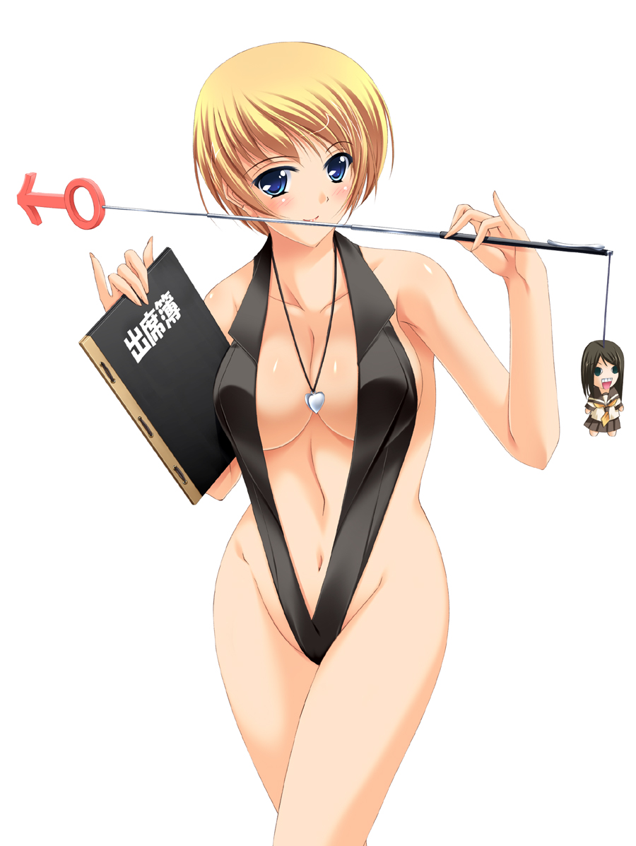 asanuma katsuaki, original, 1girl, bikini, blonde hair, blue eyes, breasts, character doll, doll, female focus, short hair, simple background, slingshot swimsuit, solo, swimsuit, white background