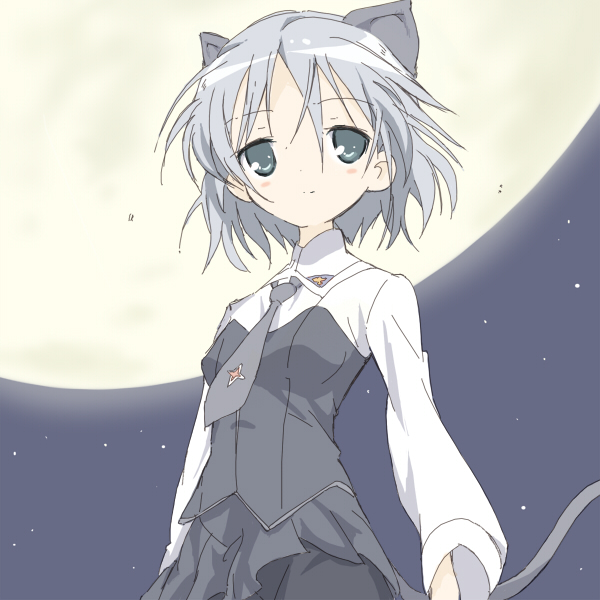 core (mayomayo), sanya v. litvyak, strike witches, world witches series, silver hair, uniform, bad id, bad pixiv id, 1girl, animal ears, black pantyhose, blush, cat ears, cat tail, female focus, grey eyes, miniskirt, moon, necktie, night, pantyhose, short hair, skirt, solo, tail
