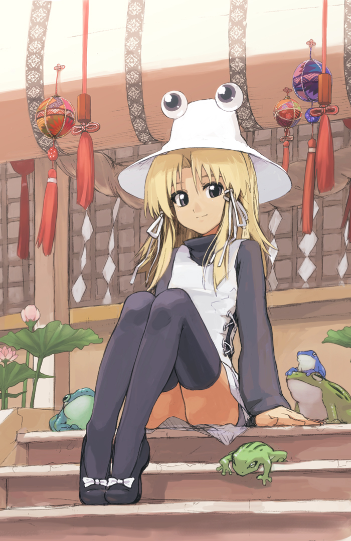 kaito (k4itoh), moriya suwako, touhou, bad id, bad pixiv id, 1girl, alternate color, arm support, black thighhighs, blonde hair, blue eyes, female focus, flat chest, flower, frog, grey eyes, hair ribbon, hat, looking at viewer, lotus, ribbon, rope, shide, shimenawa, shoes, shrine, sitting, sitting on stairs, smile, solo, stairs, thighhighs, tiptoes, zettai ryouiki