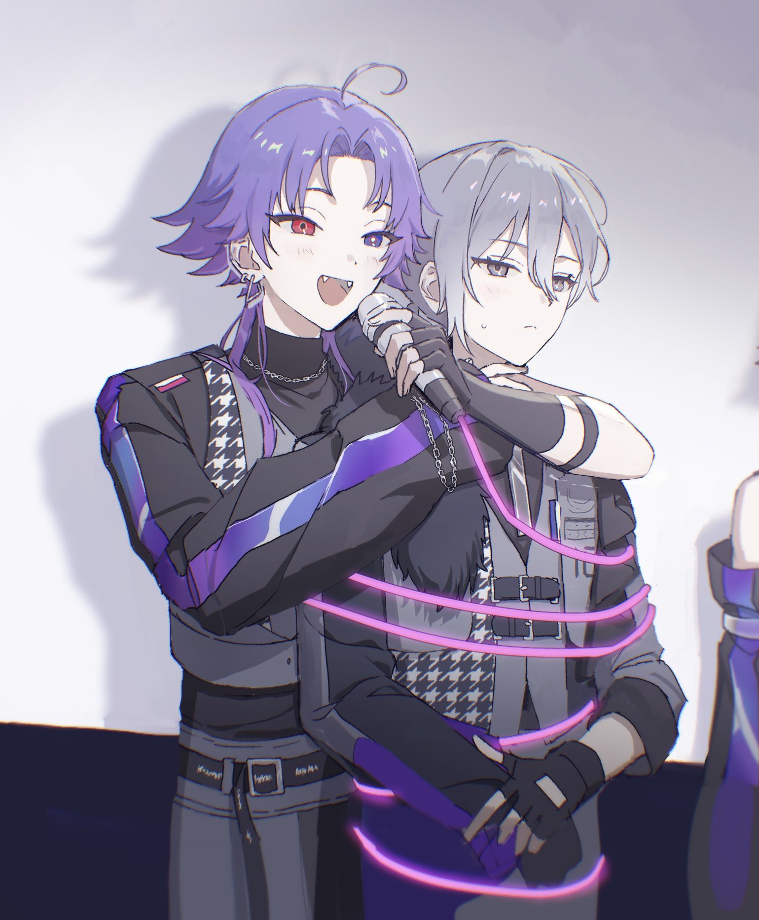 18trip, highres, 2boys, ahoge, asymmetrical sleeves, belt, black belt, black gloves, black jacket, black shirt, bound, buckle, cable, chain, cropped jacket, earrings, fangs, fingerless gloves, fur-trimmed jacket, fur trim, gloves, glowing, grey background, grey eyes, grey hair, grey pants, hachinoya nagi, hair between eyes, heterochromia, holding, holding microphone, houndstooth, jacket, jewelry, light blush, long sleeves, male focus, medium hair, microphone, multiple boys, pankajiru, pants, patterned clothing, purple eyes, purple hair, red eyes, shadow, shirt, simple background, smile, sweatdrop, tied up (nonsexual), yaoi, yowa netaro