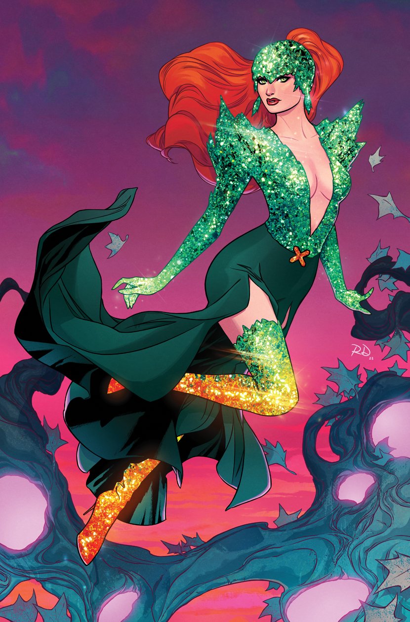 russell dauterman, jean grey, phoenix (x-men), marvel, x-men, comic cover, commentary, english commentary, highres, official art, textless version, 1girl, armor, boots, branch, breasts, cleavage, diamond-shaped earrings, dress, floating hair, formal clothes, gradient background, gradient clothes, gradient dress, gradient shoes, green boots, green dress, green eyes, green shoes, hat, hellfire gala, high heel boots, high heels, long hair, looking at viewer, medium breasts, official alternate costume, orange boots, orange shoes, parted lips, pauldrons, pink background, plunging neckline, purple background, red hair, red lips, shoes, shoulder armor, solo, sparkle, spiked pauldrons, spikes, thigh boots, western comics (style)