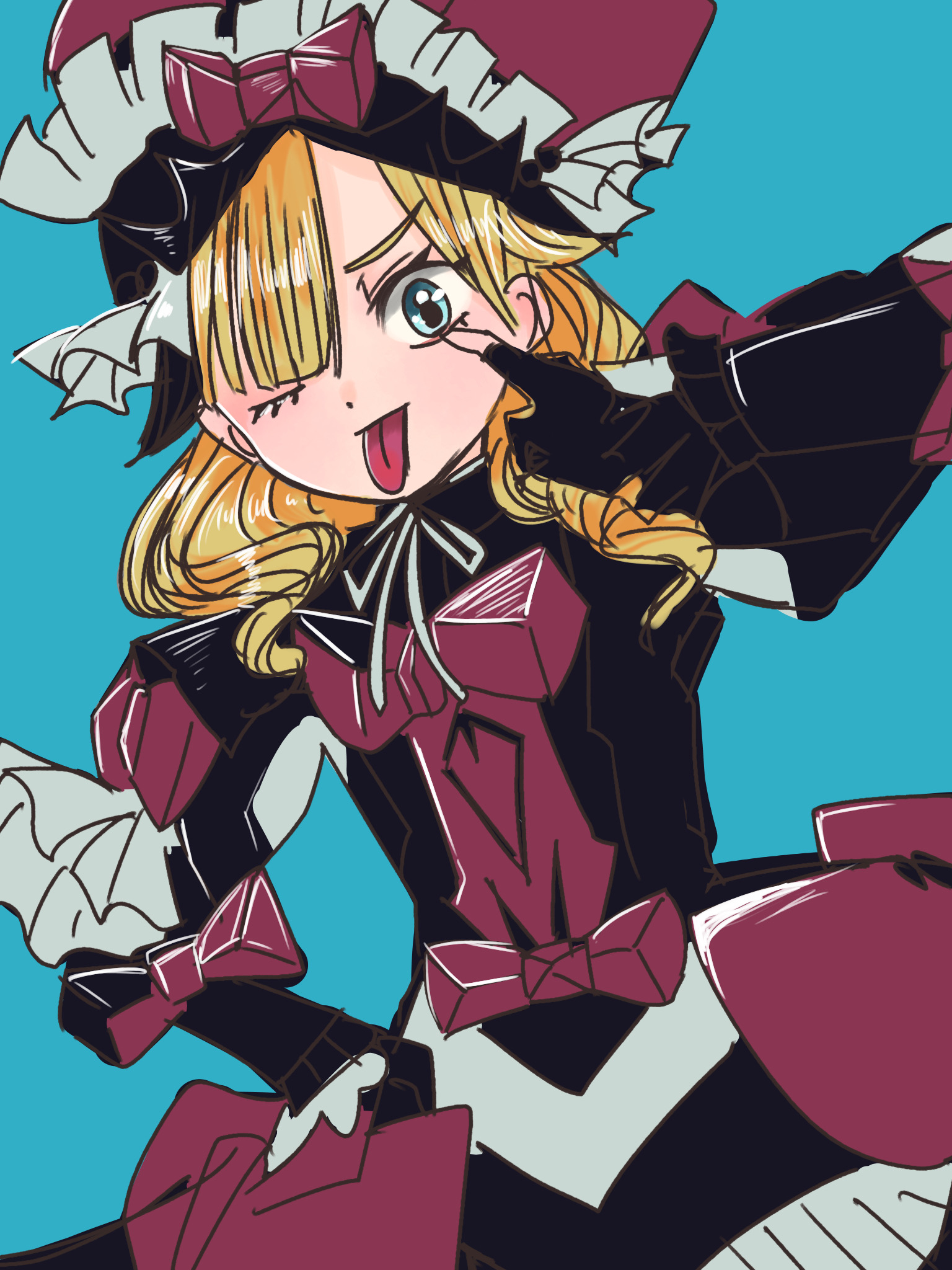 tochiryo, marni (fire emblem), fire emblem, fire emblem engage, nintendo, highres, 1girl, :p, armor, black armor, blonde hair, blue eyes, eyelid pull, frilled headwear, from below, hair over one eye, looking at viewer, looking down, medium hair, one eye closed, red armor, smile, solo, tongue, tongue out, two-tone headwear