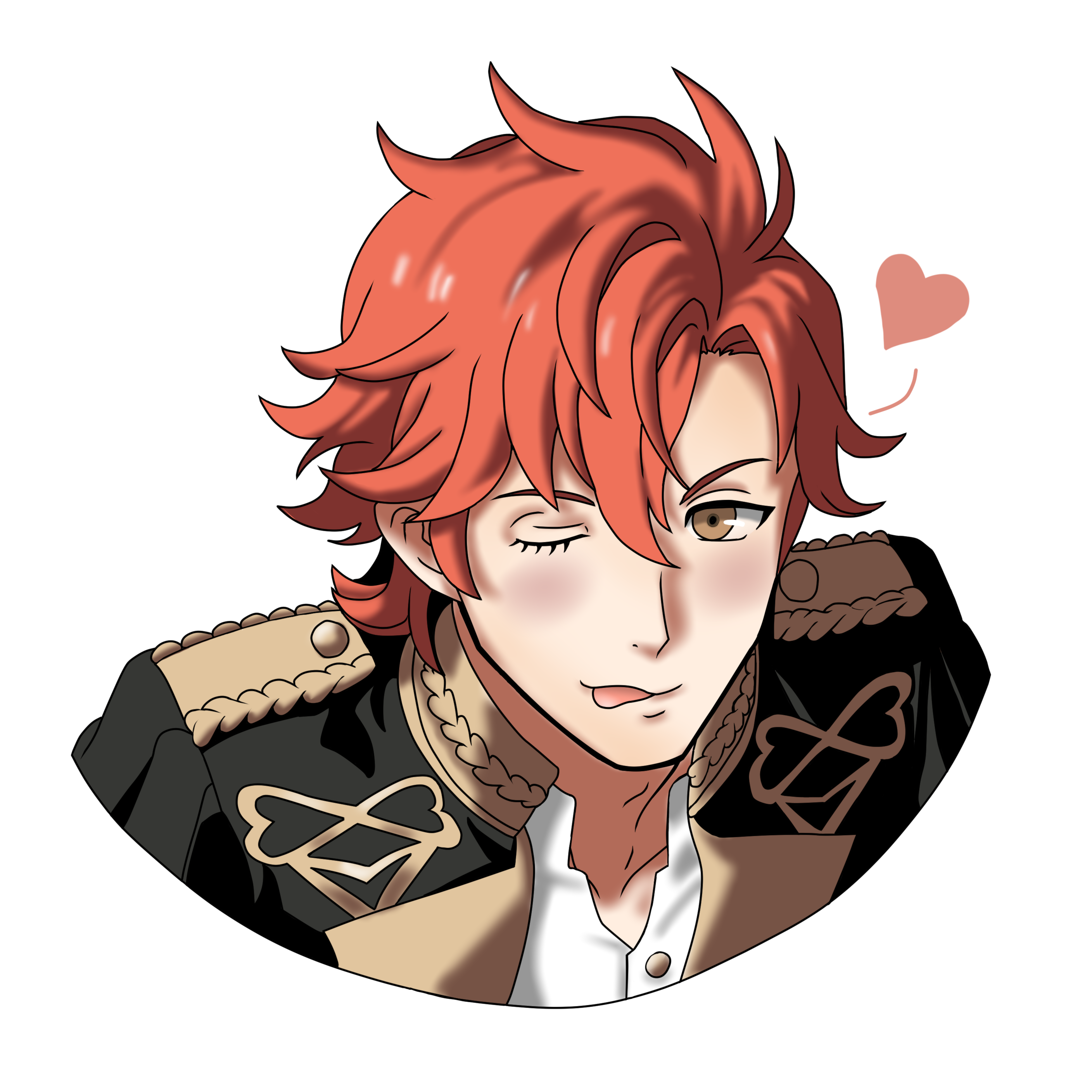 nekomoni, sylvain jose gautier, fire emblem, fire emblem: three houses, nintendo, absurdres, highres, 1boy, ;q, blush, brown eyes, eyelashes, flirting, garreg mach monastery uniform, heart, one eye closed, red hair, shirt, solo, sticker, tongue, tongue out, white shirt
