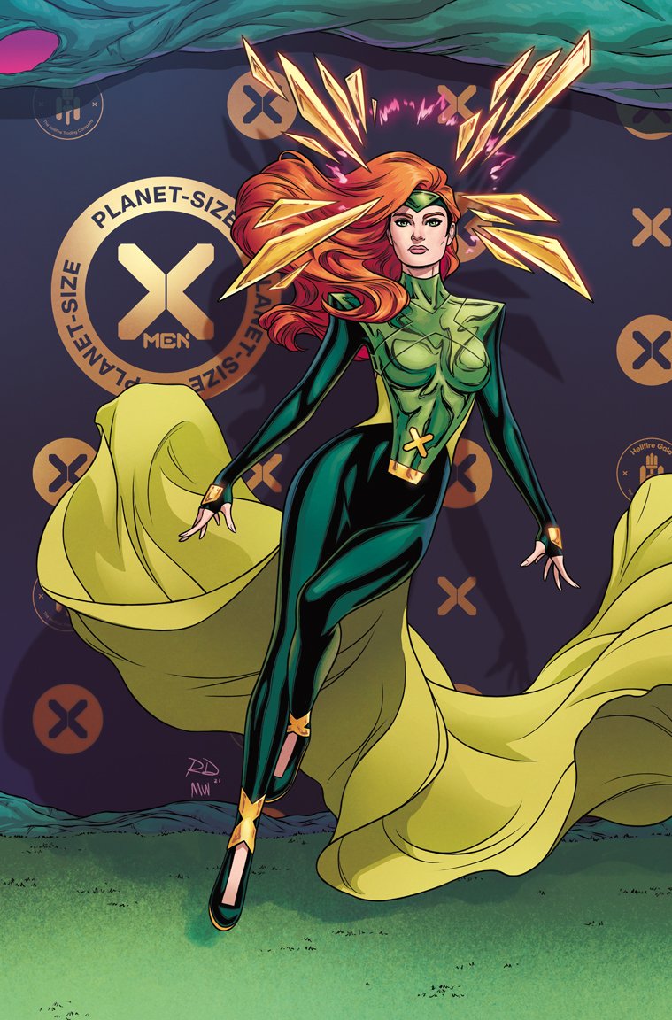 matt wilson, russell dauterman, jean grey, marvel, x-men, comic cover, commentary, english commentary, official art, 1girl, bodysuit, breasts, cape, cheekbones, copyright name, english text, floating hair, forehead protector, full body, green bodysuit, green eyes, hellfire gala, long hair, looking at viewer, medium breasts, official alternate costume, orange hair, solo, superhero costume, western comics (style), yellow cape