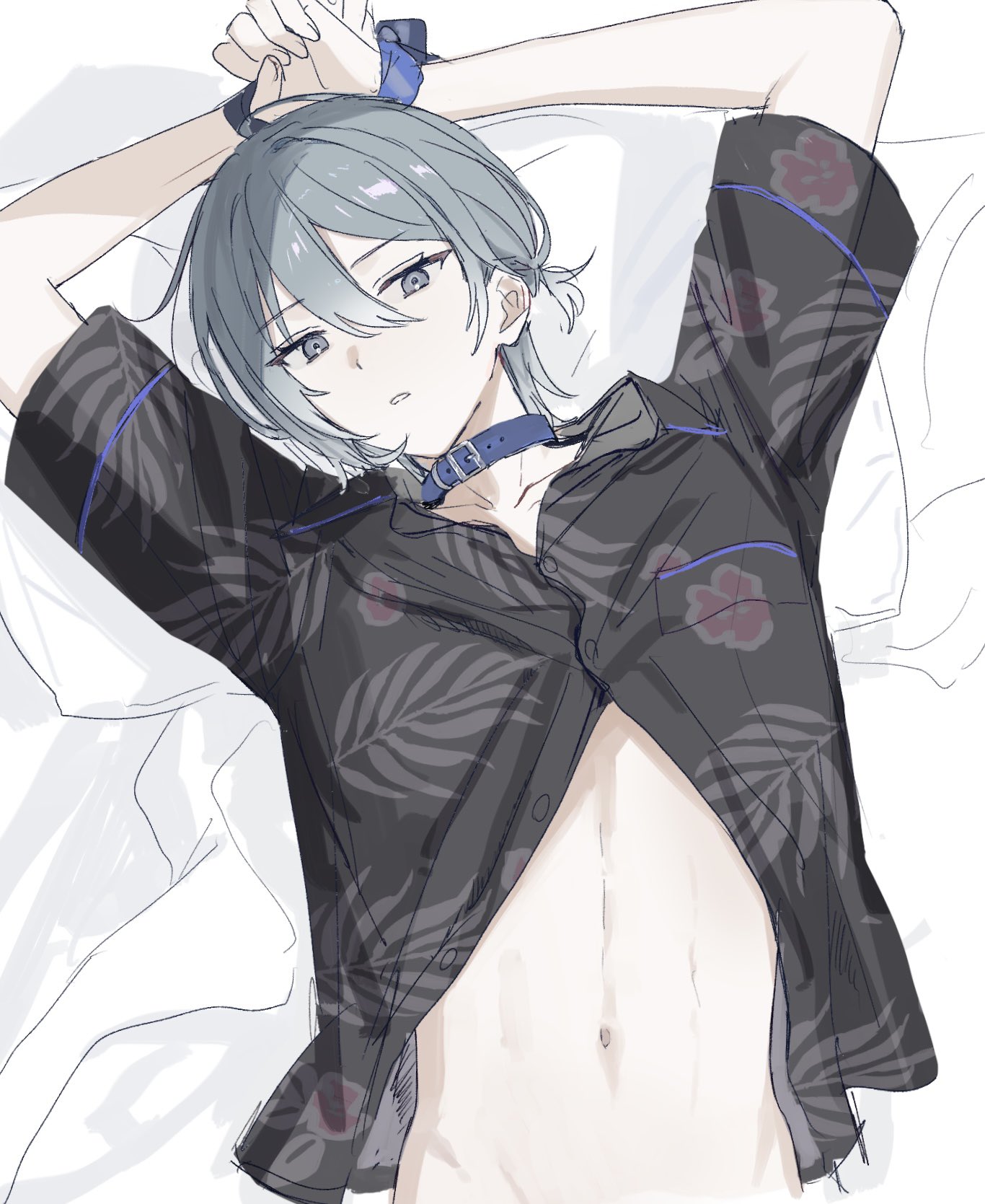 18trip, highres, 1boy, arms up, bdsm, black shirt, blue collar, bondage, bound, buttons, collar, collarbone, floral print, grey eyes, grey hair, hachinoya nagi, hair between eyes, lying, male focus, medium hair, navel, no pants, on back, on bed, open clothes, open shirt, pankajiru, ponytail, shirt, short ponytail, solo, stomach