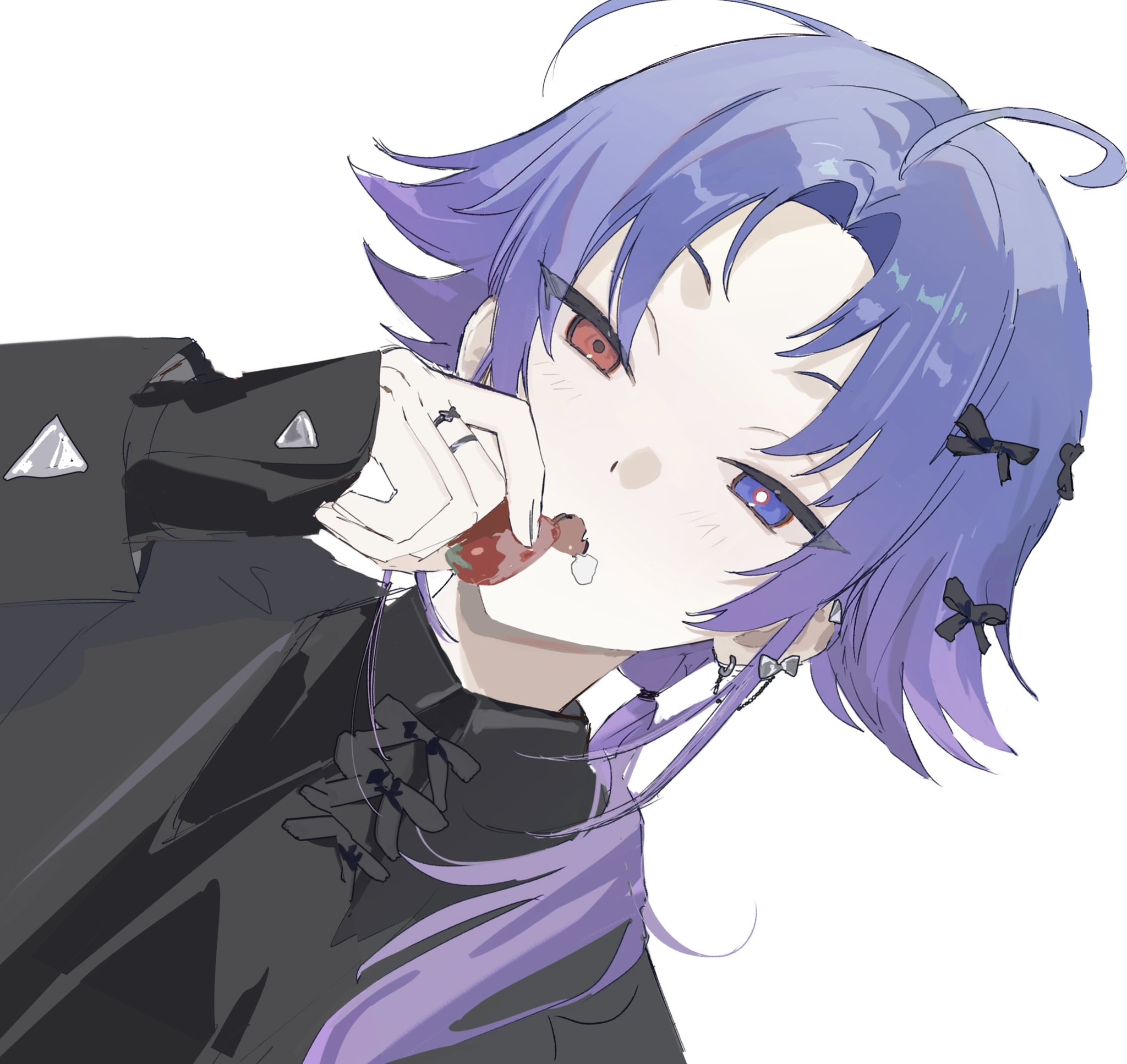 18trip, highres, 1boy, ahoge, black shirt, blue eyes, bow, bow earrings, bright pupils, collared shirt, dutch angle, earrings, food, fruit, gradient hair, hair over shoulder, hand up, heterochromia, holding, holding food, jewelry, long hair, long sleeves, looking at viewer, male focus, multicolored hair, multiple rings, pankajiru, pink hair, ponytail, purple hair, red eyes, ring, shirt, shirt bow, simple background, solo, strawberry, white background, yowa netaro