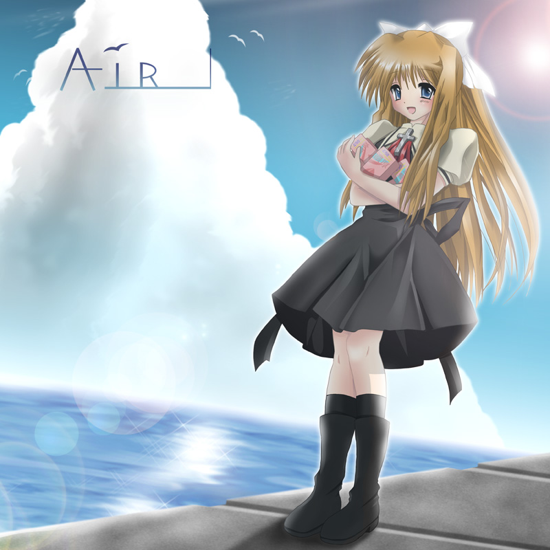 kichikuouji, kamio misuzu, air (visual novel), 00s, blonde hair, blue eyes, boots, cloud, drink carton, hair ribbon, juice box, lens flare, long hair, ocean, ribbon, school uniform, solo, very long hair
