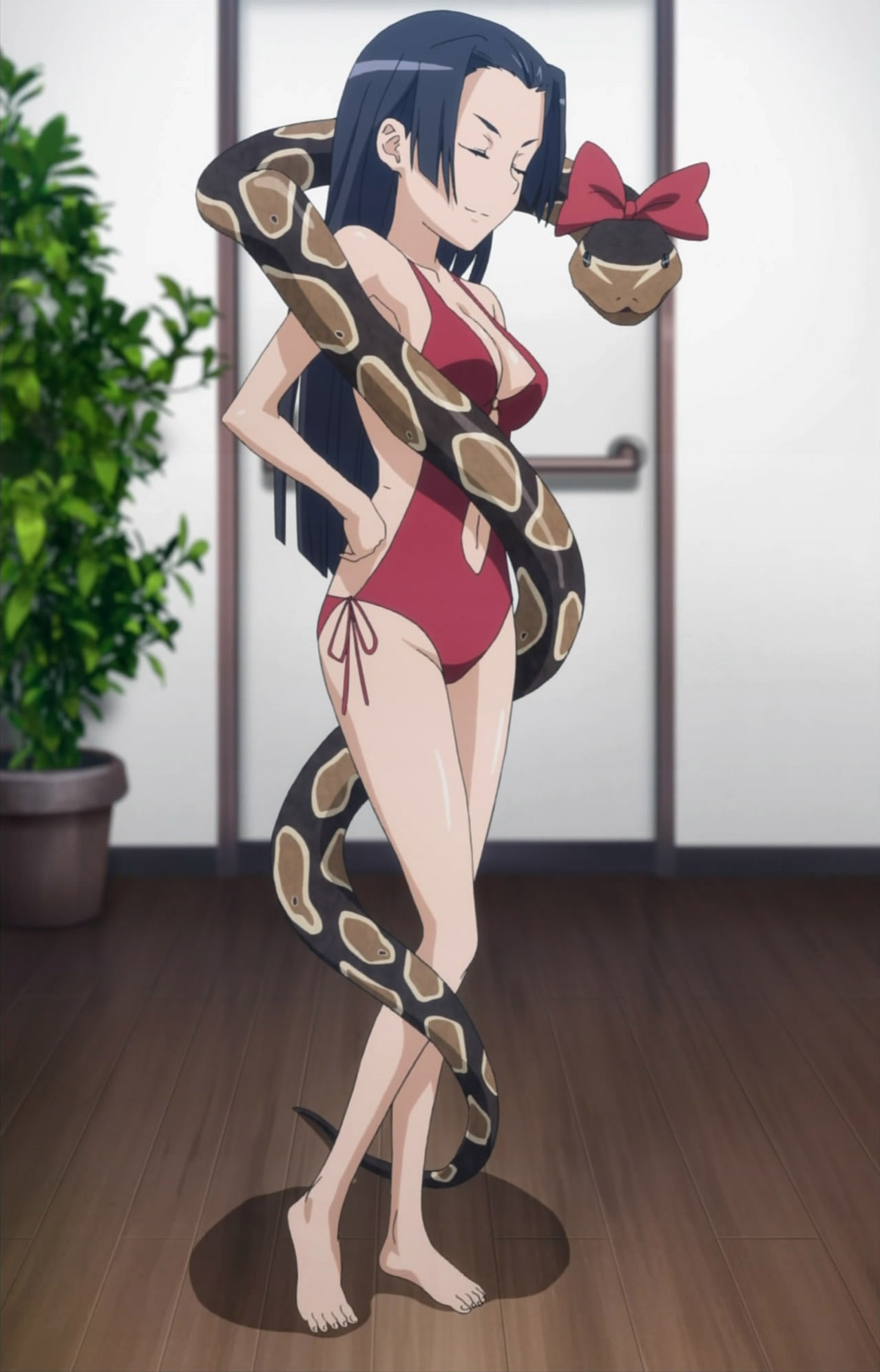 ekaterina (railgun), kongou mitsuko, toaru kagaku no railgun, toaru majutsu no index, anime screenshot, highres, stitched, third-party edit, 1girl, barefoot, black hair, breasts, cleavage, closed eyes, clothing cutout, cosplay, feet, female focus, long hair, navel, navel cutout, one-piece swimsuit, ribbon, side-tie swimsuit, snake, solo, swimsuit