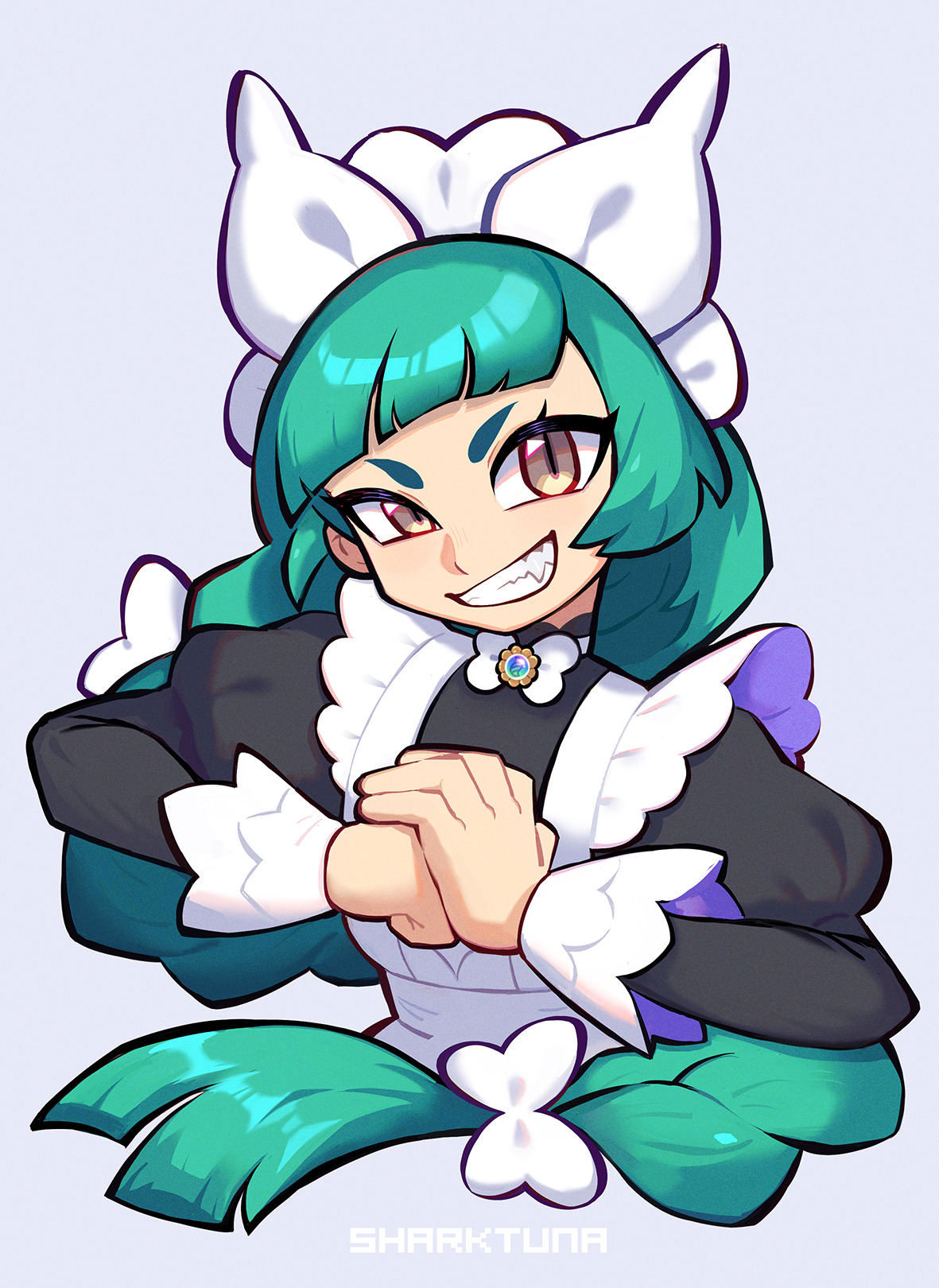 sharktuna, lebanne (pokemon), nintendo, pokemon, pokemon legends: z-a, commentary, english commentary, highres, 1girl, aqua hair, artist name, black shirt, bow, bowtie, brown eyes, grin, hair bow, long hair, long sleeves, looking at viewer, maid, own hands together, sharp teeth, shirt, simple background, slit pupils, smile, solo, teeth, upper body, very long hair, white bow, white bowtie