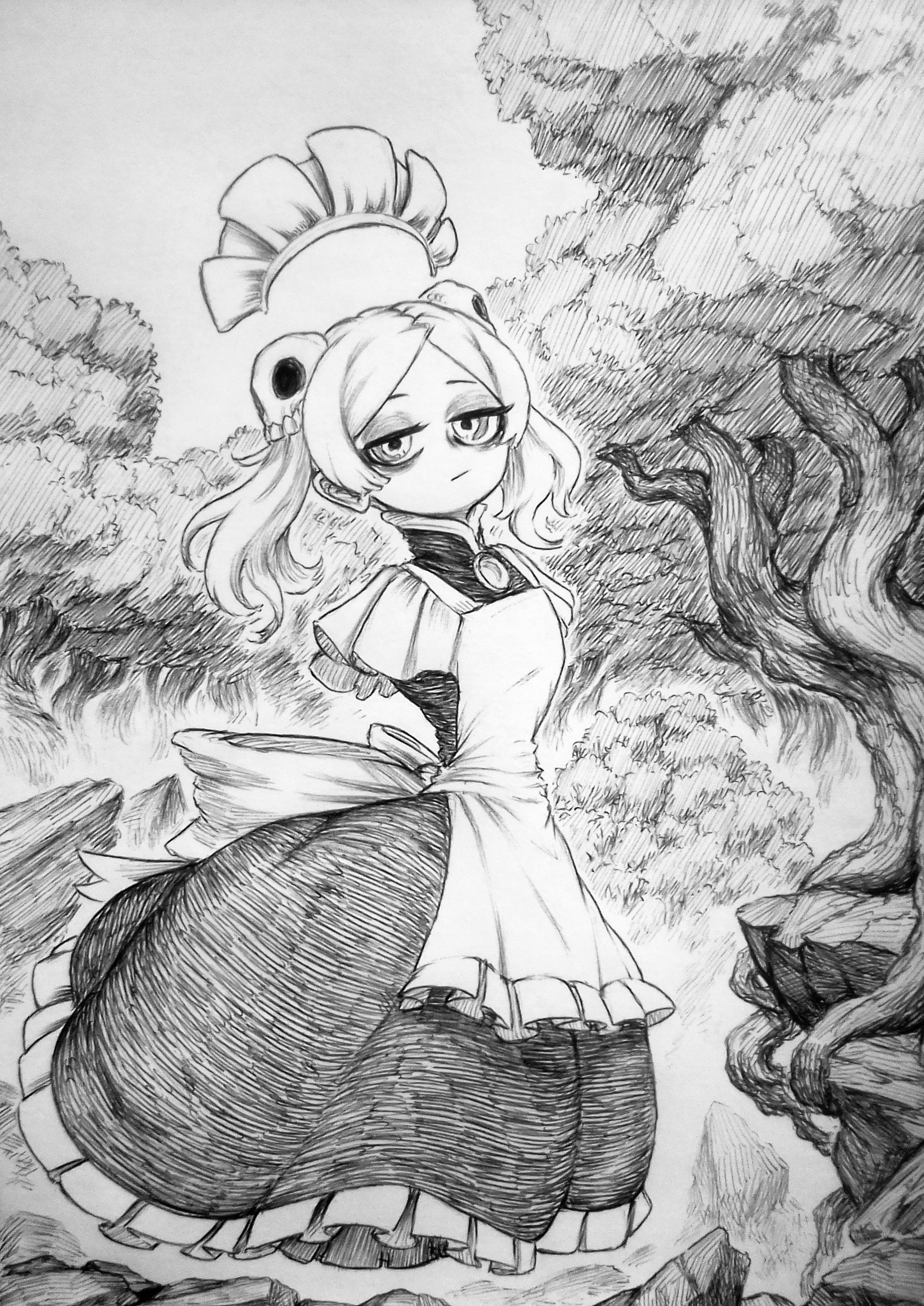 chronozbergh, bloody marie (skullgirls), skullgirls, absurdres, commentary, english commentary, graphite (medium), highres, traditional media, 1girl, closed mouth, dress, frilled dress, frills, full body, greyscale, hair ornament, jitome, long dress, looking at viewer, maid, maid headdress, medium hair, monochrome, outdoors, skull hair ornament, solo, tree, twintails